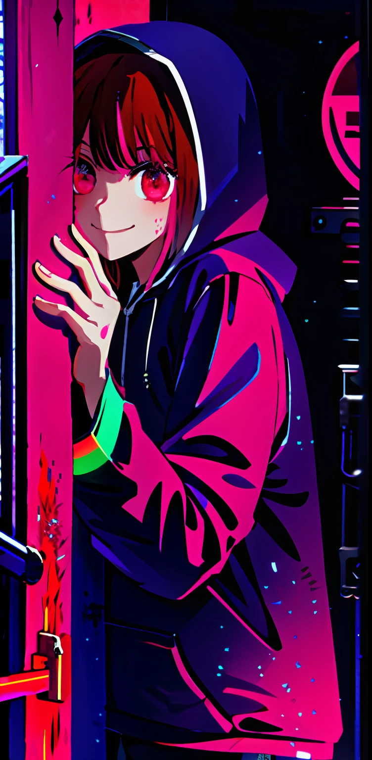 detailed background, masterpiece, best quality, smile, ornament, hoodie, portrait, neon red, graffiti, dark, night, glowing eyes, blacklight