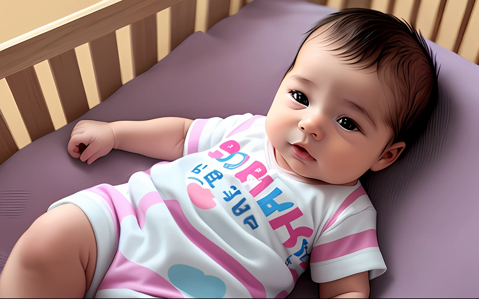 newborn baby, usando pijama, Lying in a crib, Realistic version 8k