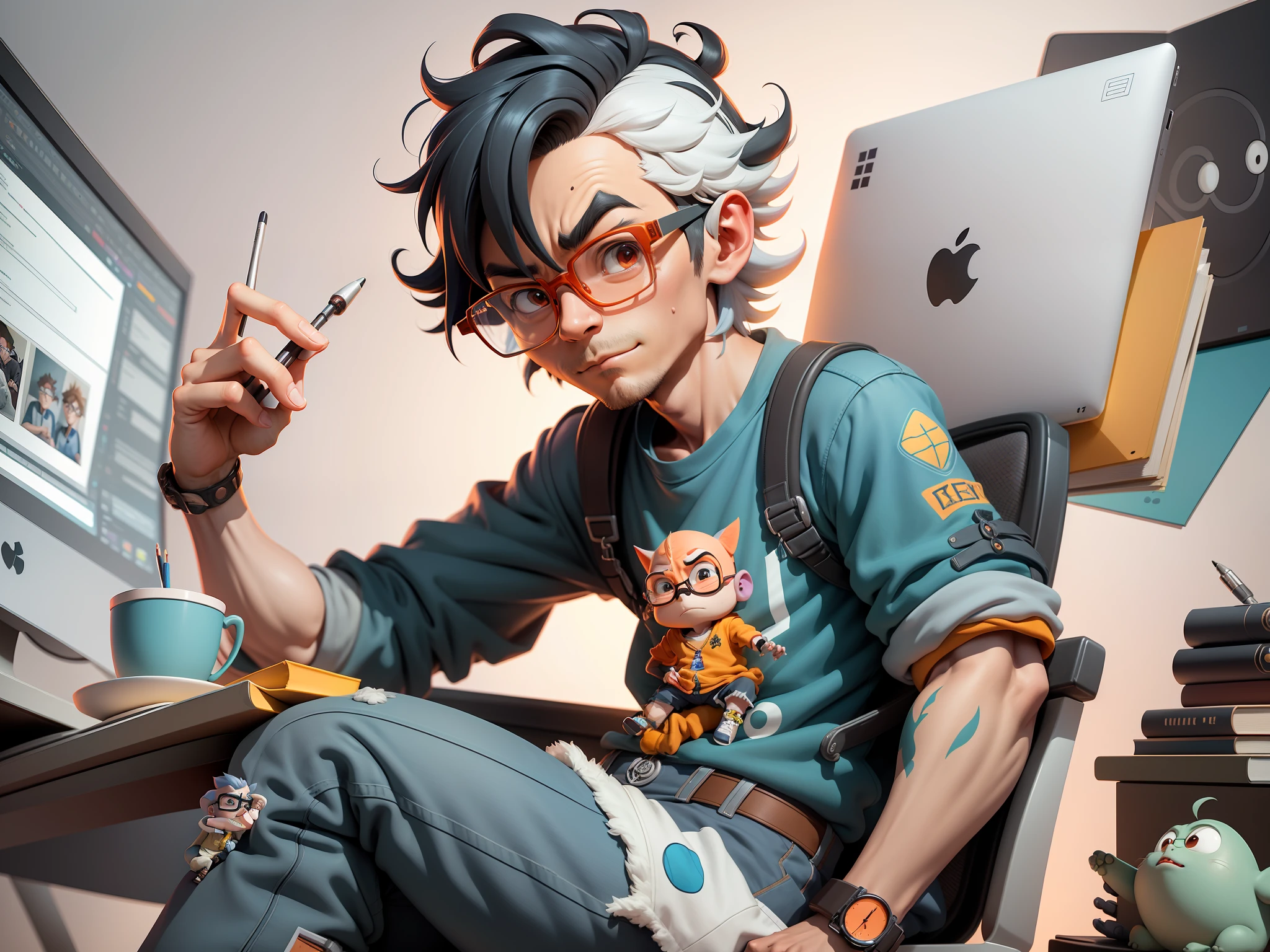 A young man with glasses sits at his desk,holding laptop,digitial painting,3D character design by Mark Clairen and Pixar and Hayao Miyazaki and Akira Toriyama,4K HD illustration,Very detailed facial features and cartoon-style visuals。