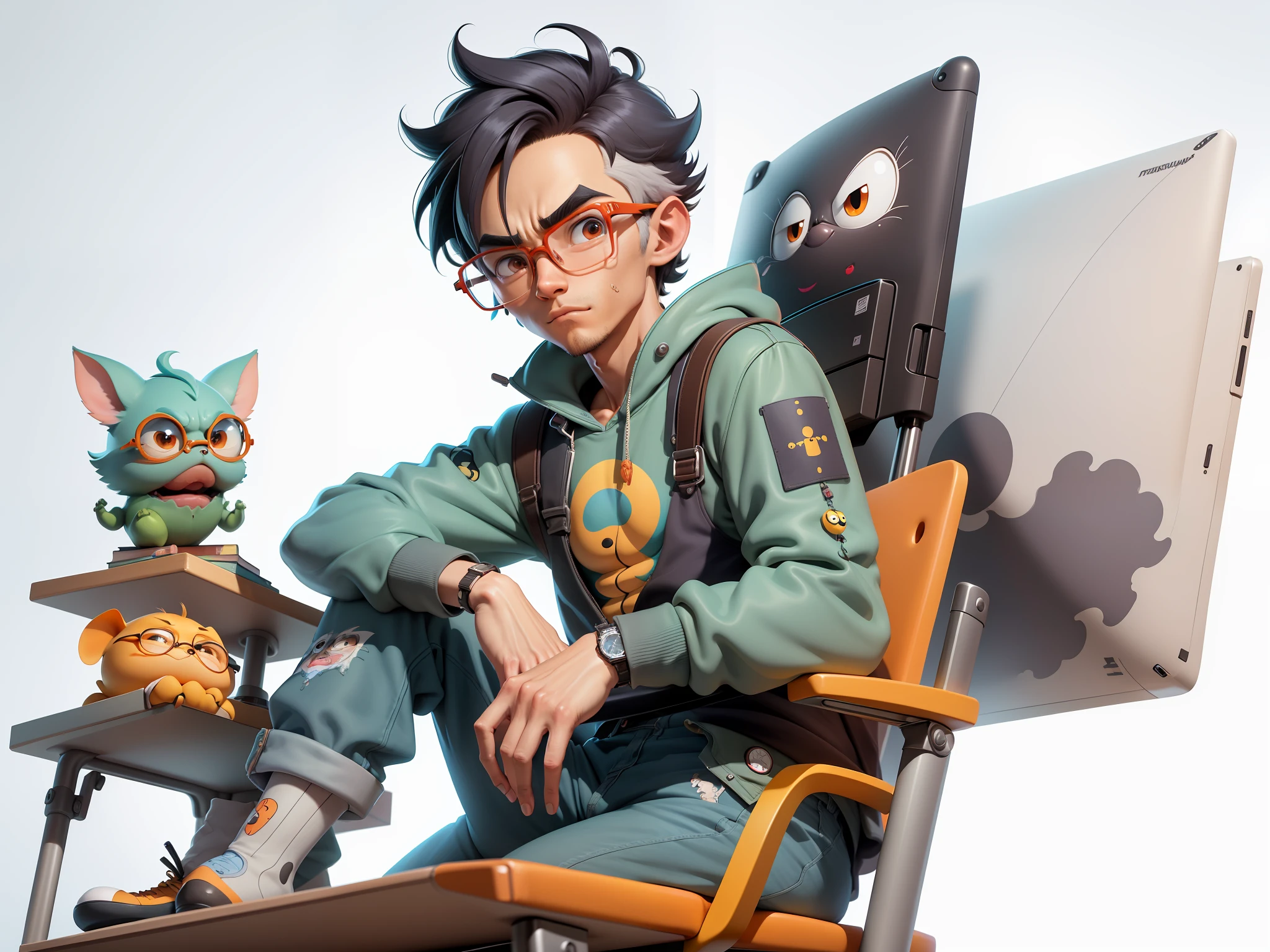 A young man with glasses sits at his desk,holding laptop,digitial painting,3D character design by Mark Clairen and Pixar and Hayao Miyazaki and Akira Toriyama,4K HD illustration,Very detailed facial features and cartoon-style visuals。