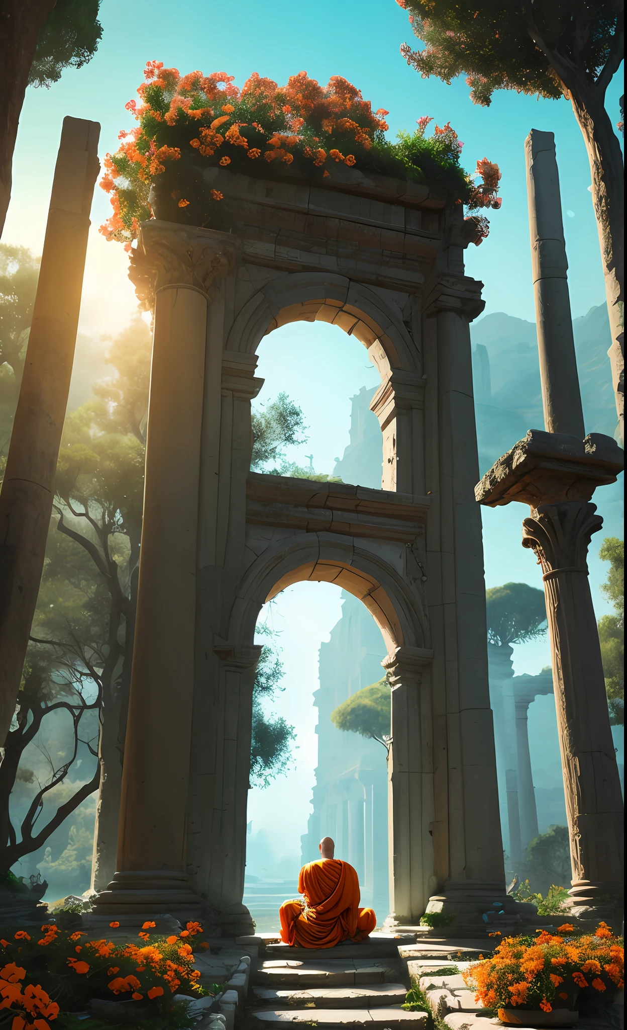 A monk sits among ancient ruins: shining portal in the center covered with flowers, ruins of ancient civilizations, orange trees on the sides, forest, water near the steps, stones floating in the air, turquoise light, cyberpunk