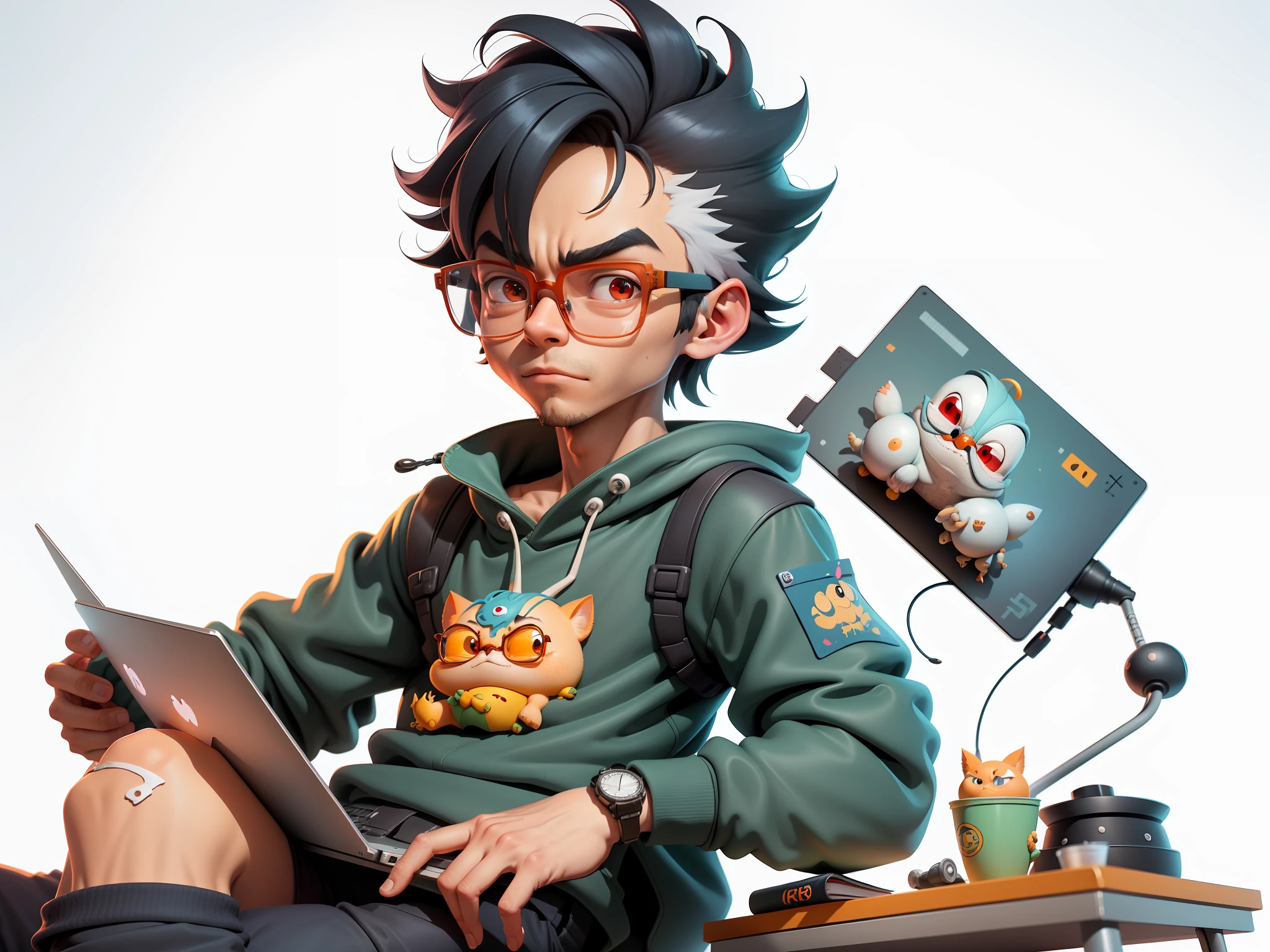 A young man with glasses sits at his desk，holding laptop，digitial painting，3D character design by Mark Clairen and Pixar and Hayao Miyazaki and Akira Toriyama，4K HD illustration，Very detailed facial features and cartoon-style visuals。