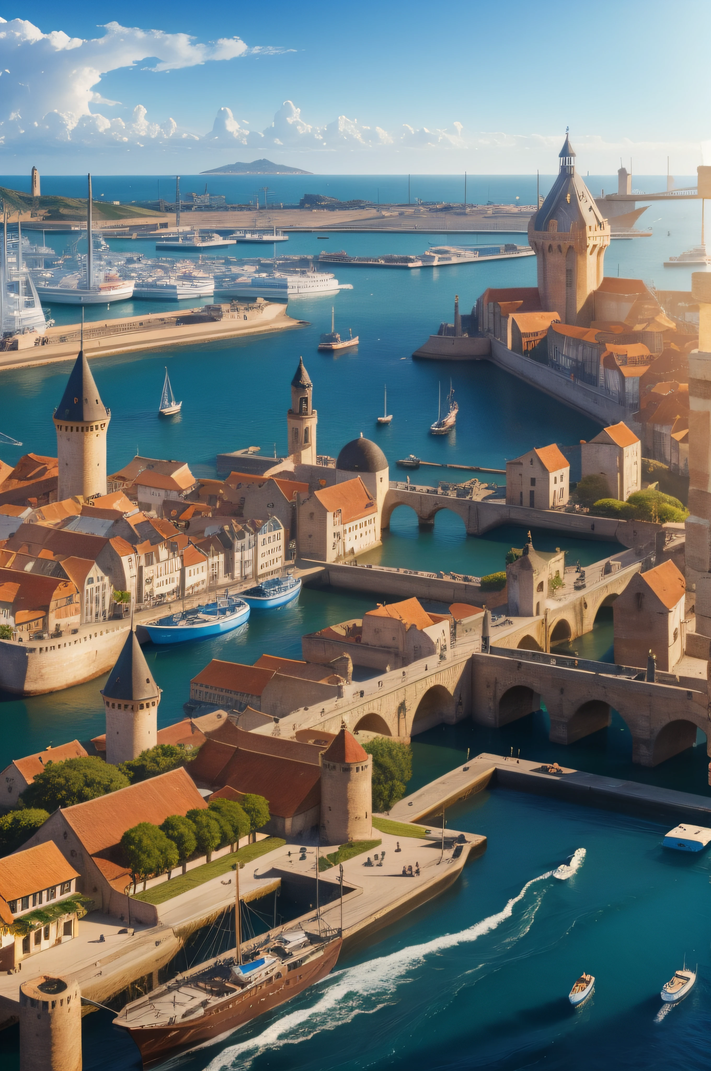 Port City of Great Commerce, com o mar ao fundo, com diversos navios atracando e saindo, fantasia medieval, diversos personagens, buildings of light stones and wood