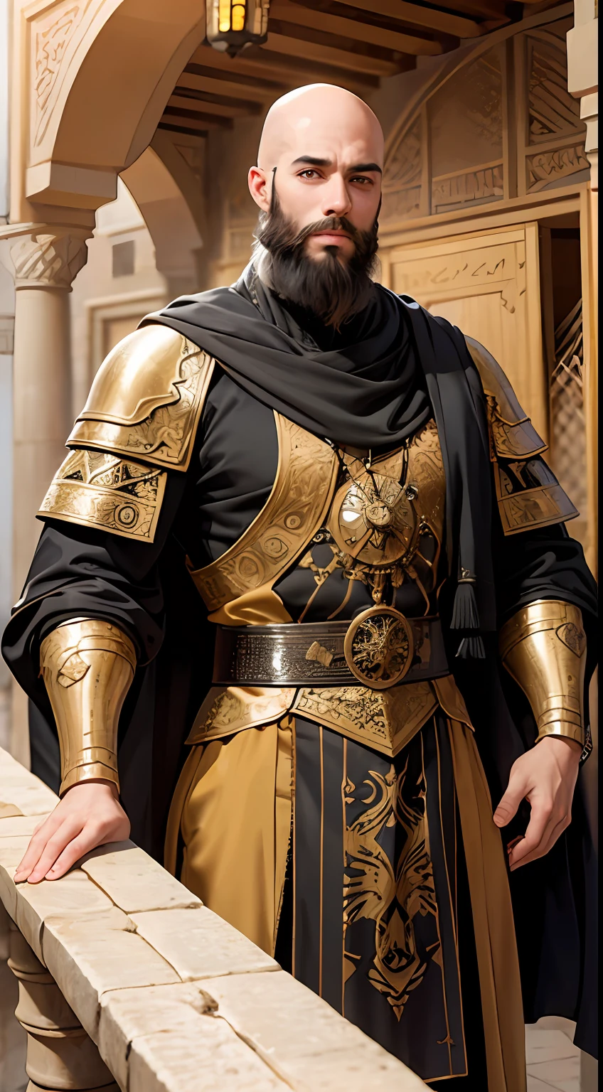 Handsome muscular bald glowing eyes sexy face beard medieval Arabian prince in moroccan environnement