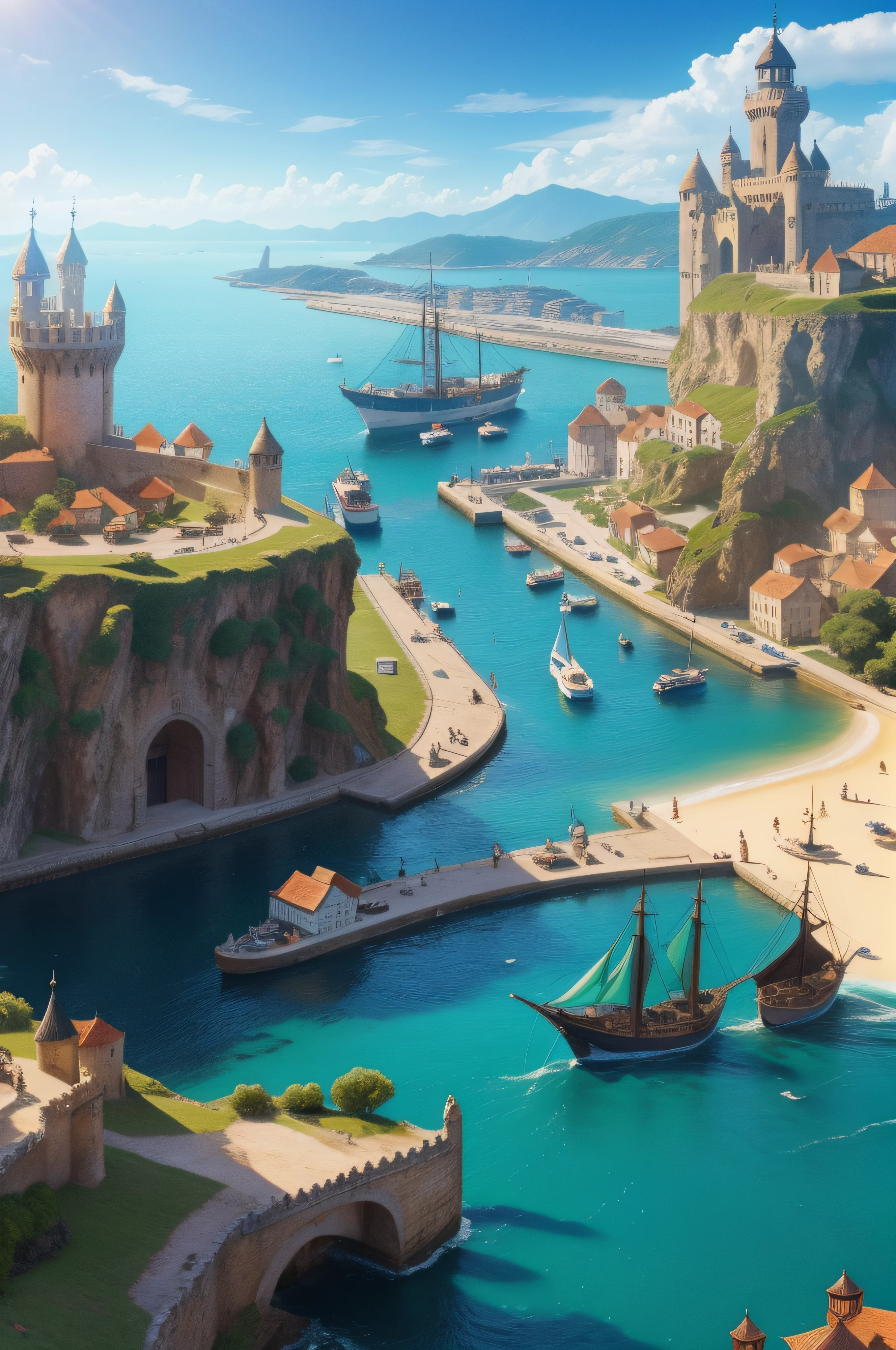 Port City of Great Commerce, com o mar ao fundo, com diversos navios atracando e saindo, fantasia medieval, diversos personagens, buildings of light stones and wood