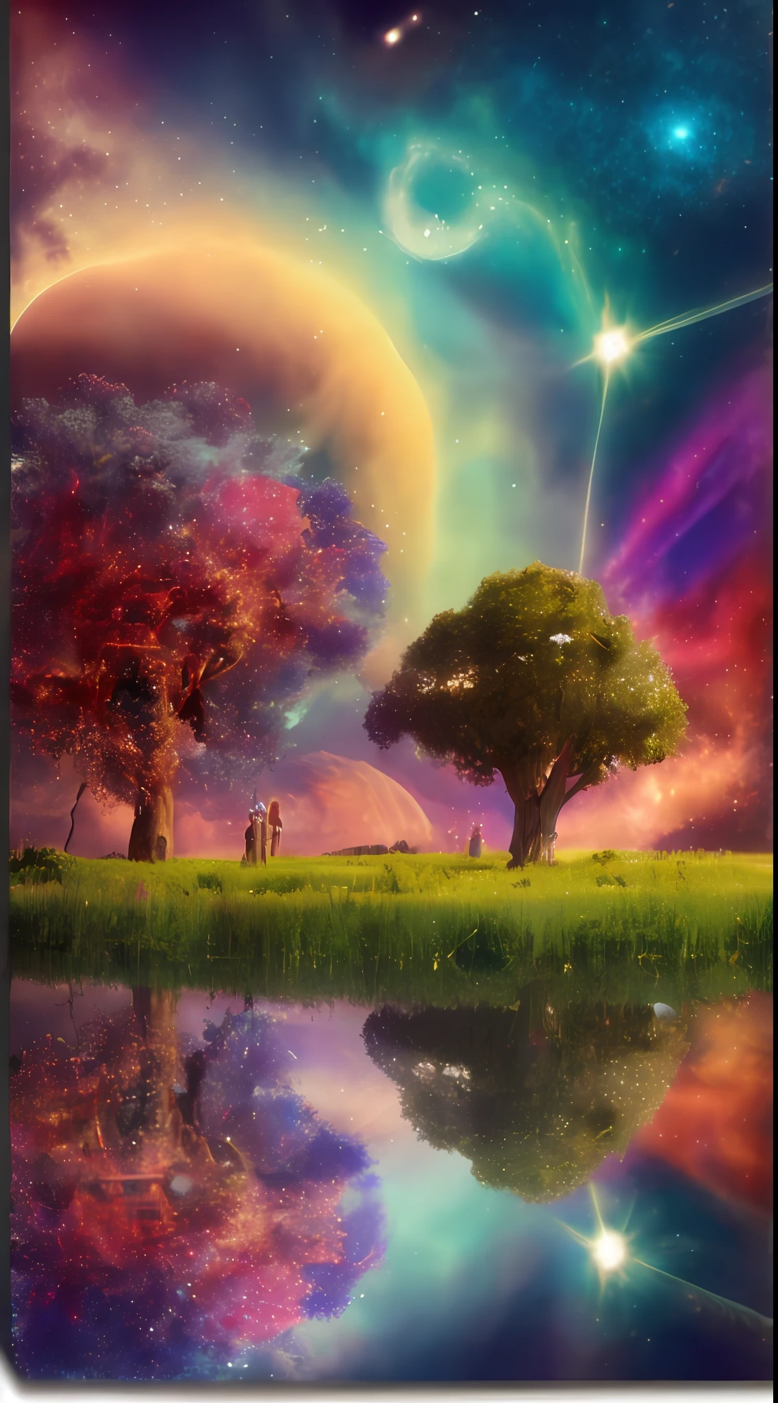 Incredible and spectacular scene, um "(alta qualidade)), (detalhado)), ((fantasia)), illustration, perspectiva (45 degree tilt angle), tema (estilo floresta encantada), elementos de cena (****** bonito, ****** bonita), African tree, de imagem (3D rendering effect), detalhes requintados, belas luzes "emergem de nuvens brilhantes, linhas de nebulosas fractais, cosmic entities, corpos celestes, universos, vibrant and vivid, girando, girando, impractical, alto contraste, co-metabolic, magica,  misterioso, misterioso, surreal, saturado, colorido