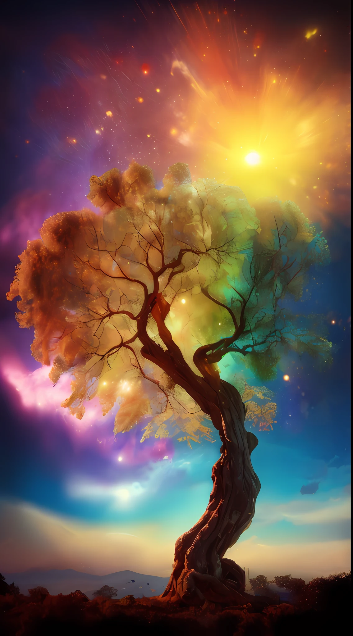 Incredible and spectacular scene, um "(alta qualidade)), (detalhado)), ((fantasia)), illustration, perspectiva (45 degree tilt angle), tema (estilo floresta encantada), elementos de cena ( bonito, meninaa), African tree, de imagem (3D rendering effect), detalhes requintados, belas luzes "emergem de nuvens brilhantes, linhas de nebulosas fractais, cosmic entities, corpos celestes, universos, vibrant and vivid, girando, girando, impractical, alto contraste, co-metabolic, magica, misterioso, misterioso, surreal, saturado, colorido