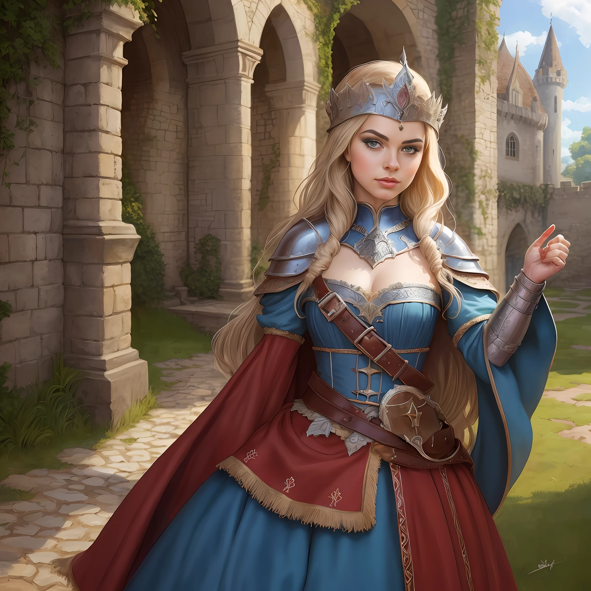 There is a woman in a blue dress and a red cape, Retrato de uma rainha elfa, Arte do Jogo de Cartas de Fantasia, Modelo IG | Artgerm, Cavaleiro elfo sedutor da princesa, retrato do characture da fantasia, estilo de arte de fantasia, cushart krenz arte chave feminina, epic exquisite character art, Artgerm extremamente detalhado, realistic fantasy illustration, arte de personagem impressionante