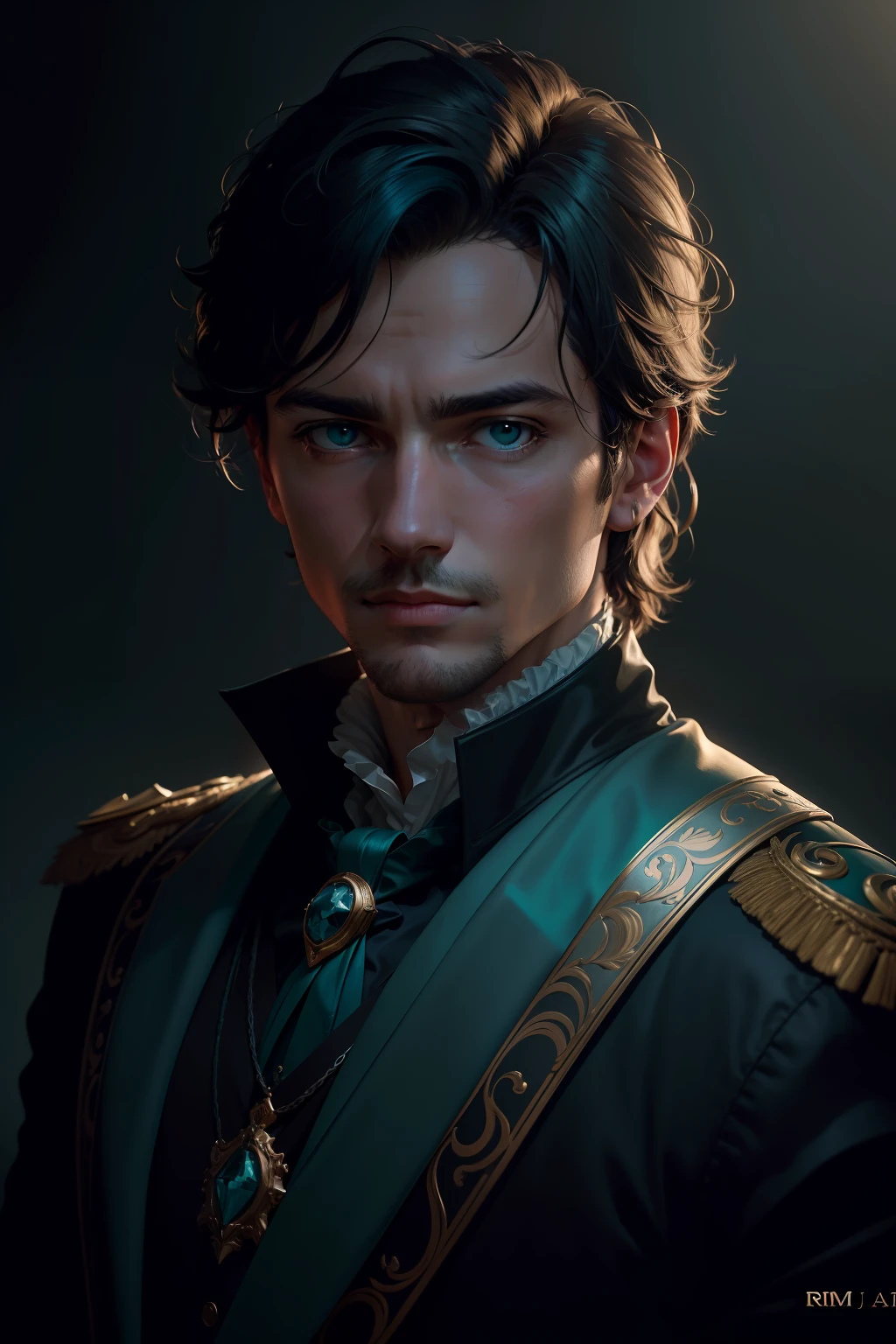 portrait of a award winning photo of cláudio cassimiro de paula posing in a dark studio, (rim lighting,:1.4) two tone lighting, sharp focus, teal hue, octane, unreal, dimly lit, low key,