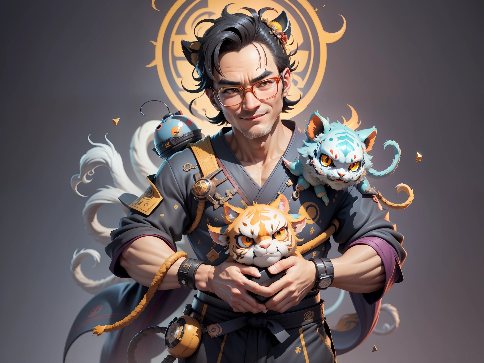 (Masterpiece), (Excellent), (Super Meticulous), (Full Body: 1.2), Super Young Man with Japanese Female Geisha, Pretty, Beautiful, Chinese Dragon, Tiger, Wind God Thor, Sexy, Bursting, Oriental Face, TV Anchor, Bust Portrait Illustration, Black Suit, Blue Tie, Slightly Chubby Face, Silver Glasses, Very Clean Face, No Beard on Chin, Black Super Short Hair, Black Eyes, Confident Smile, 3c Computer Sub-Products, iPad, iPhone, Digital Painting, 3D character design by Mark Clairedon and Pixar and Hayao Miyazaki and Akira Toriyama, the illustrations are HD illustrations in 4K resolution with highly detailed facial features and cartoon-style visuals.