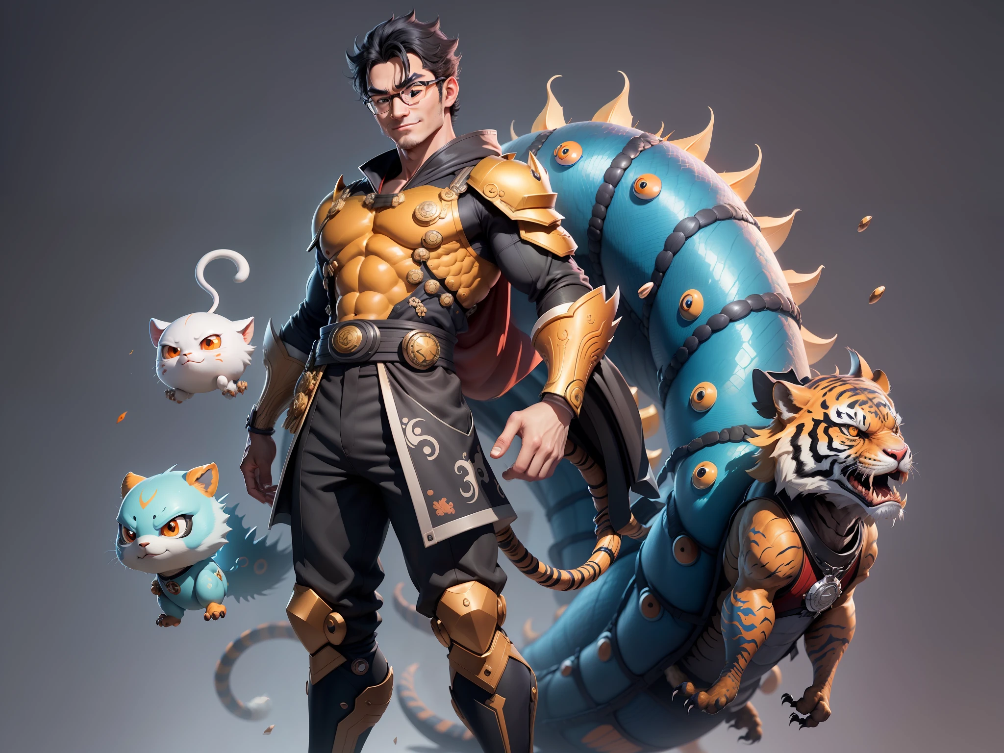 (Masterpiece), (Excellent), (Super Meticulous), (Full Body: 1.2), Super Young Man with Japanese Female Geisha, Pretty, Beautiful, Chinese Dragon, Tiger, Wind God Thor, Sexy, Bursting, Oriental Face, TV Anchor, Bust Portrait Illustration, Black Suit, Blue Tie, Slightly Chubby Face, Silver Glasses, Very Clean Face, No Beard on Chin, Black Super Short Hair, Black Eyes, Confident Smile, 3c Computer Sub-Products, iPad, iPhone, Digital Painting, 3D character design by Mark Clairedon and Pixar and Hayao Miyazaki and Akira Toriyama, the illustrations are HD illustrations in 4K resolution with highly detailed facial features and cartoon-style visuals.