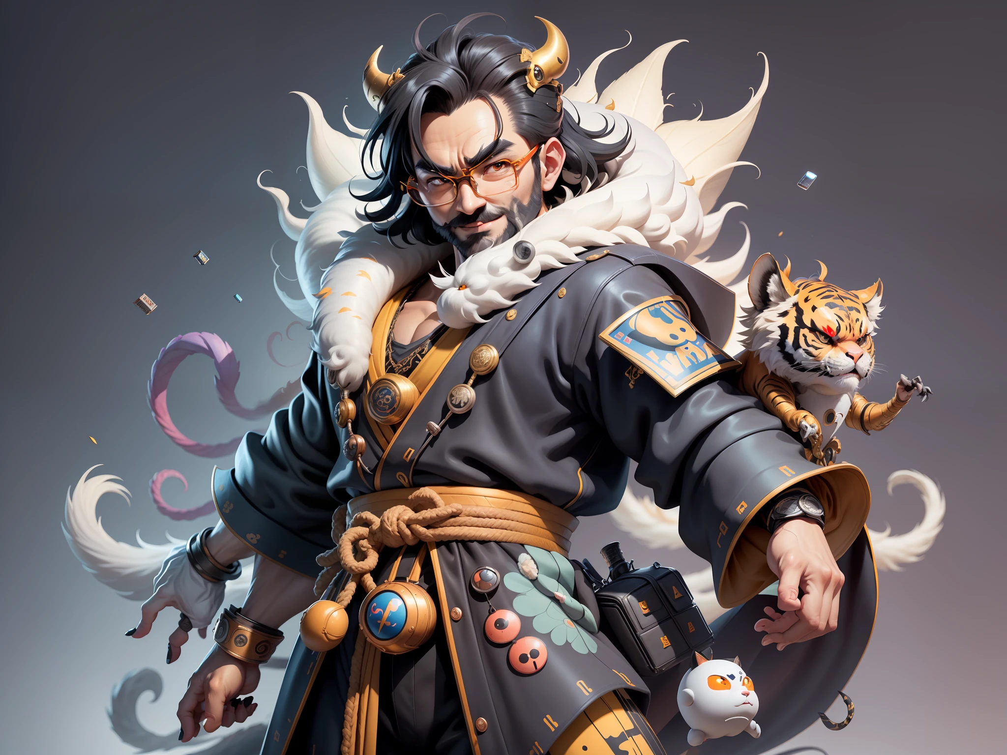 (Masterpiece), (Excellent), (Super Meticulous), (Full Body: 1.2), Super Young Man with Japanese Female Geisha, Pretty, Beautiful, Chinese Dragon, Tiger, Wind God Thor, Sexy, Bursting, Oriental Face, TV Anchor, Bust Portrait Illustration, Black Suit, Blue Tie, Slightly Chubby Face, Silver Glasses, Very Clean Face, No Beard on Chin, Black Super Short Hair, Black Eyes, Confident Smile, 3c Computer Sub-Products, iPad, iPhone, Digital Painting, 3D character design by Mark Clairedon and Pixar and Hayao Miyazaki and Akira Toriyama, the illustrations are HD illustrations in 4K resolution with highly detailed facial features and cartoon-style visuals.
