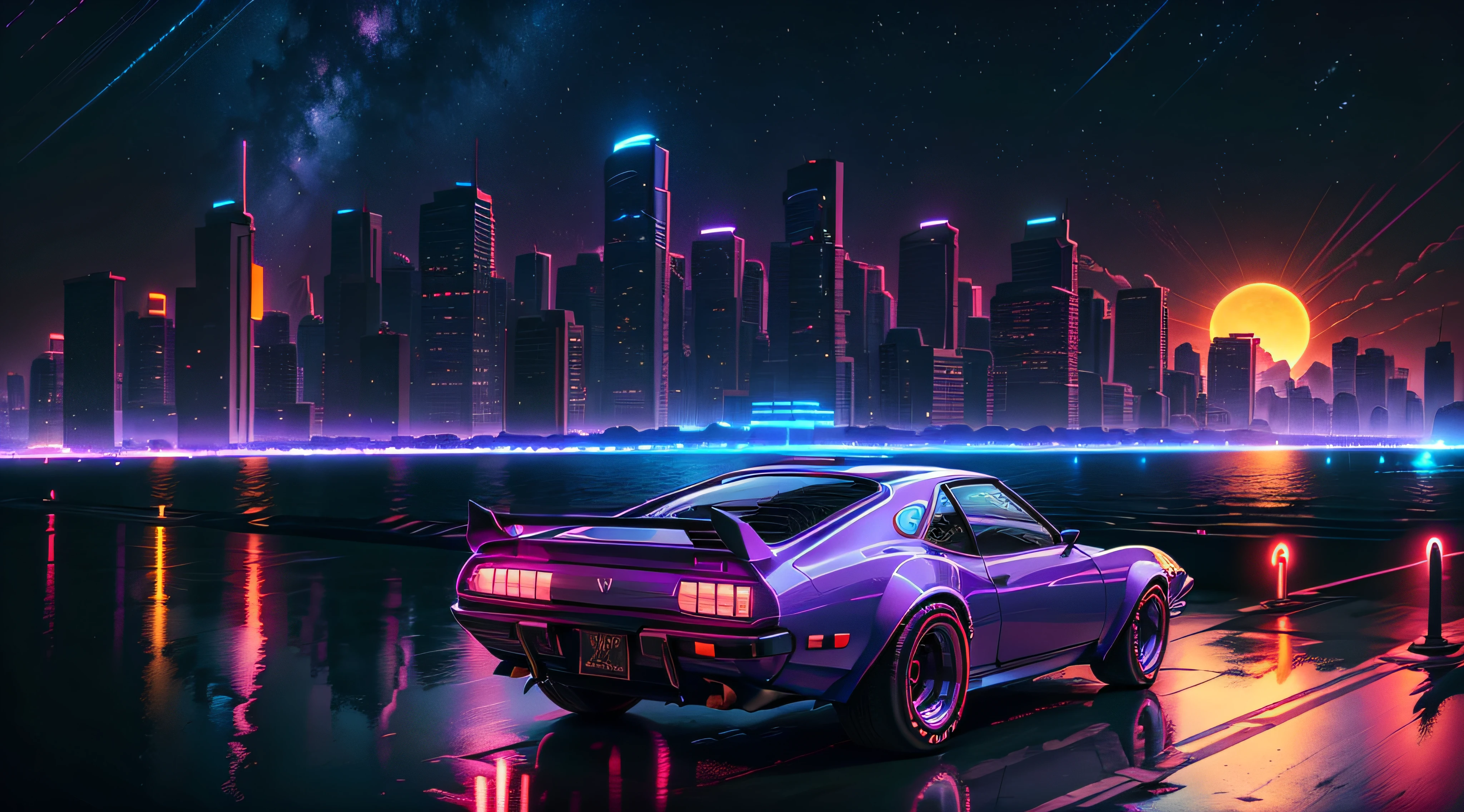 retrowave. city, 1969 Nissan S30, wide body kit, road,  purple neon lights, sun, mountain, 
(masterpiece,detailed,highres),