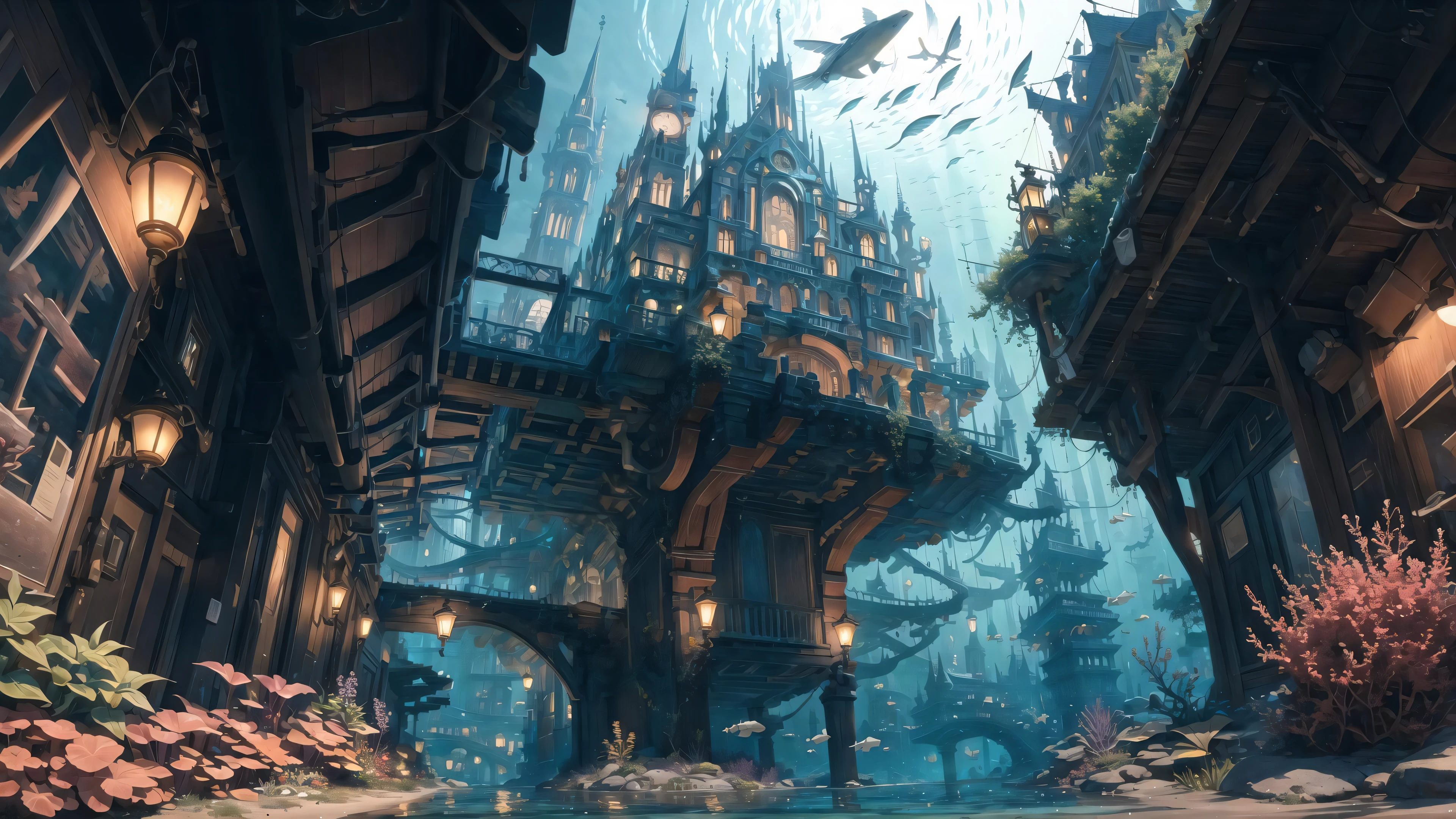(masterpiece, best quality:1.2), ultra detailed, cinematic lighting, HDR, ilustration, landsape,(underwater),underwater city,city street , impressive, chill, inspirational