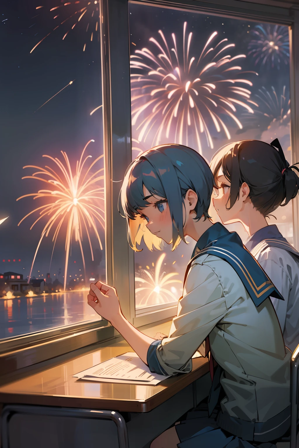 superfine illustration, Best Quality, examinee, School Classroom, Fantastic fireworks, Outside the window, nigh sky, Blooming fireworks, nostalgic, Fantastic atmosphere