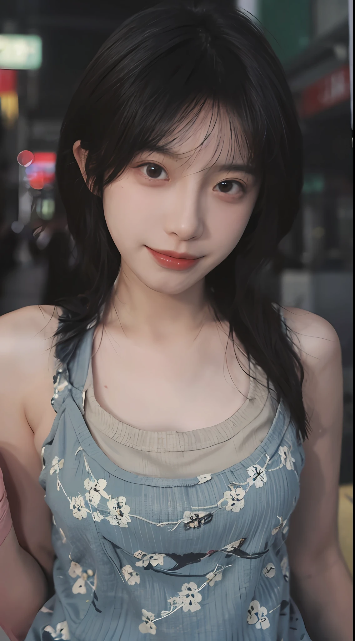 best qualtiy, 超高分辨率, (realisticlying:1.4),((Medium hair))),absurderes:1.2, The background is blurred out, Bokeh:1.2, photography of, (RAW photogr:1.2), (realisticlying:1.4), (tmasterpiece:1.3), (complexdetails:1.2), 1girll, 独奏, japanaese girl, delicated, beautifuldetails, (Detailed eyes), (detailedfacialfeatures), Petite, (((little breast))), skin tight, (Looking_at_peeping at the viewer), From_Front, (being thin), (best qualtiy:1.4), (超高分辨率:1.2), cinematric light, (Extreme detail illustration), (Gloss on lips, best qualityer, 超高分辨率, depth of fields, Caustics, Wide lighting, naturalshadow, 85mm, f/1.4, iso 200, 1/160s:0.75),1girll, 独奏, (((blue tanktop)))ssmile, 校服, choker necklace,
