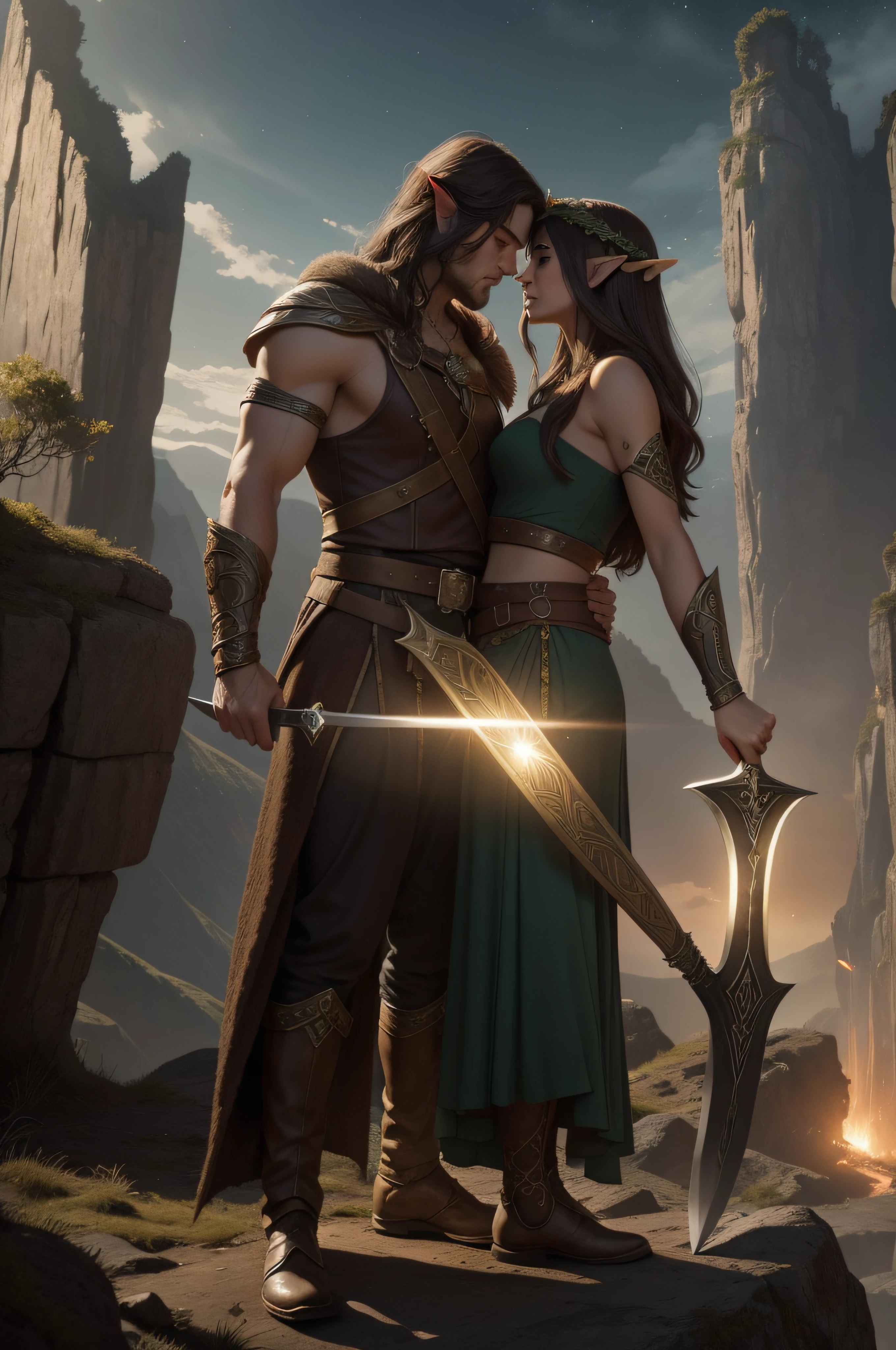 An elven ranger with long flowing brown hair wearing armor similar to green maple leaves, A sexy elven princess with dark hair holding an elven curved sword, all lined up in a canyon, with the night sky in the background. This is a digital illustration, with cinematic lighting, Ultra HD | |, 4D, fotorrealista, fantasia, emotional expression, Romantic Costume, criado usando software de pintura digital em um estilo realista. The illustration has high resolution, dramatic lighting, e uma atmosfera intensa, resembling a cinematic reference. A cena retrata um momento apaixonado e terno, with a couple kissing in a volcanic landscape, expressar sentimentos afetuosos enquanto usa roupas casuais. Art is a mix of media tools, featuring a surreal style with medium resolution and warm lighting, criando uma atmosfera sonhadora e fantasiosa. The facial features of the characters are loving and charming, Adding to the romantic aura of the scene. multiplos personagens. (Directed by: Jean Dubuffet)