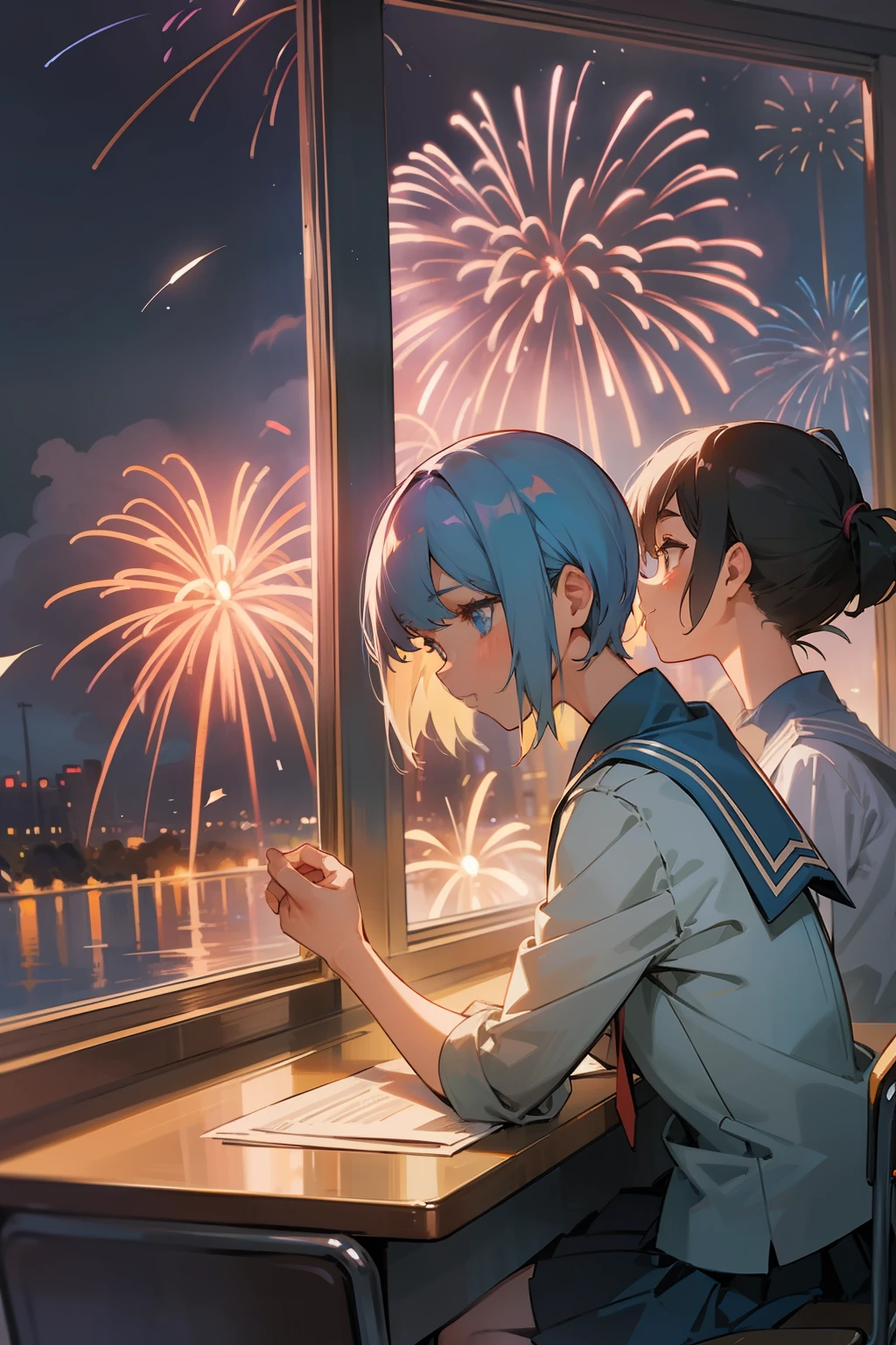 superfine illustration, Best Quality, examinee, School Classroom, Fantastic fireworks, Outside the window, nigh sky, Blooming fireworks, nostalgic, Fantastic atmosphere