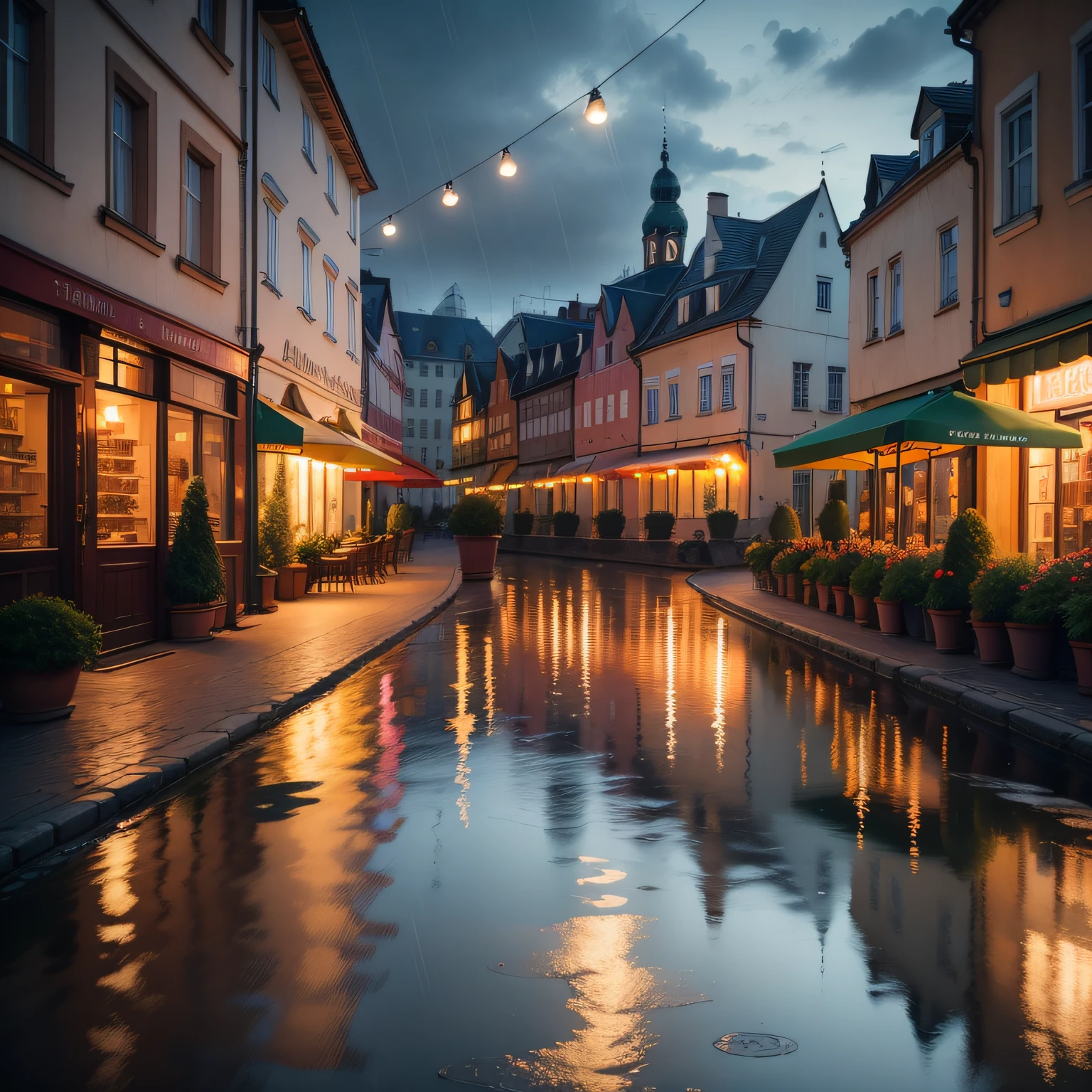 watercolor image, a one-color cup of coffee and a cake close-up on a table in an open-air park cafe, night, the city of Koenigsberg in Prussia, in the background beautiful facades with shop windows are visible in the distance, a variety of flowering plants in outdoor flowerpots, forged lanterns, park paths from paving stones, plinths, summer rain, reflection in the water, the atmosphere of a prosperous European modern city with the architecture of the Middle Ages and 18-19 centuries, night