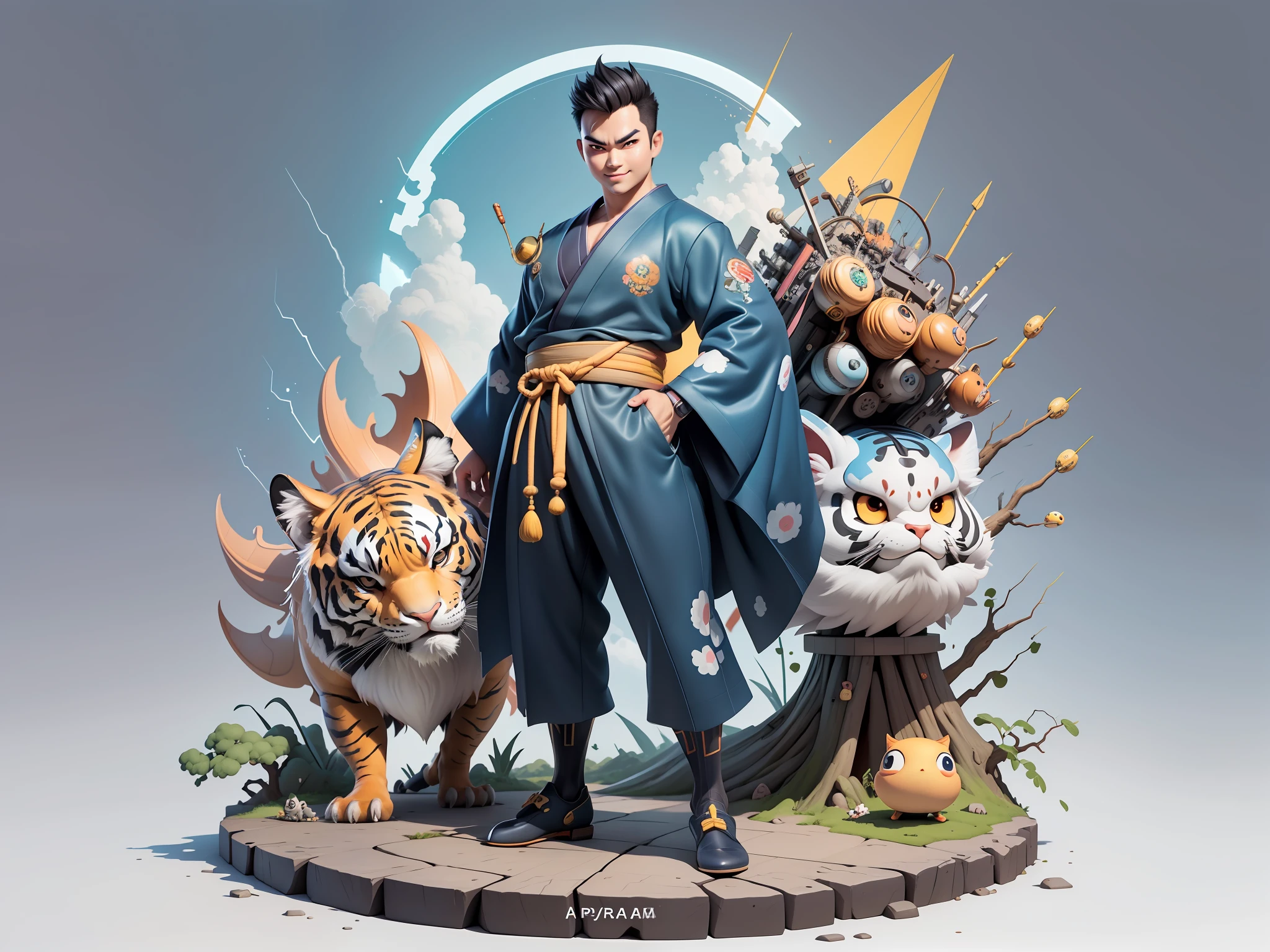 (Masterpiece), (Excellent), (Super Meticulous), (Full Body: 1.2), Super Young Man, Oriental Face, Japanese Kimono, Japanese Wind Thunder God, Dragon, Tiger, TV Anchor, Bust Portrait Illustration, Alone, Black Suit, Blue Tie, Slightly Chubby Face, Very Clean Face, No Beard, Black Super Short Hair, Black Eyes, Confident Smile, 3c Computer Sub-Products, iPad, iPhone, Digital Painting, 3D Character Design by Akira Toriyama and Mark Claireden and Pixar and Hayao Miyazaki, The illustration is a high-definition illustration in 4K resolution with very detailed facial features and cartoon-style visuals.