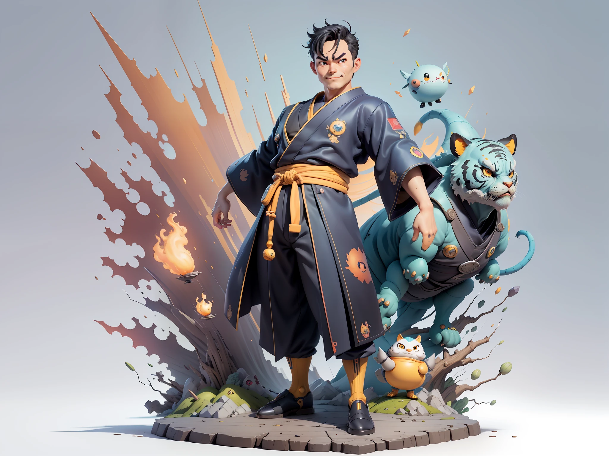 (Masterpiece), (Excellent), (Super Meticulous), (Full Body: 1.2), Super Young Man, Oriental Face, Japanese Kimono, Japanese Wind Thunder God, Dragon, Tiger, TV Anchor, Bust Portrait Illustration, Alone, Black Suit, Blue Tie, Slightly Chubby Face, Very Clean Face, No Beard, Black Super Short Hair, Black Eyes, Confident Smile, 3c Computer Sub-Products, iPad, iPhone, Digital Painting, 3D Character Design by Akira Toriyama and Mark Claireden and Pixar and Hayao Miyazaki, The illustration is a high-definition illustration in 4K resolution with very detailed facial features and cartoon-style visuals.