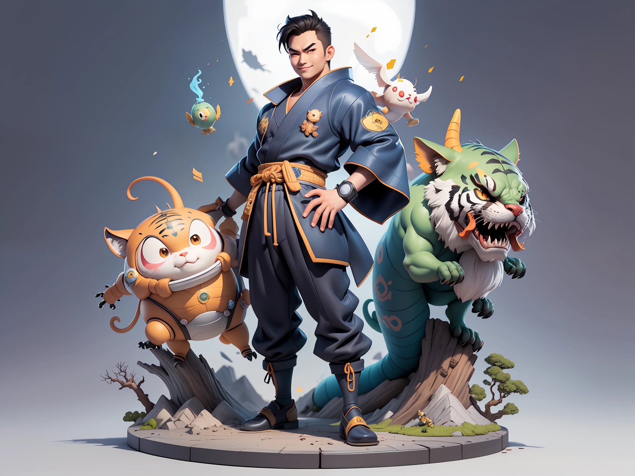 (Masterpiece), (Excellent), (Super Meticulous), (Full Body: 1.2), Super Young Man, Oriental Face, Japanese Kimono, Japanese Wind Thunder God, Dragon, Tiger, TV Anchor, Bust Portrait Illustration, Alone, Black Suit, Blue Tie, Slightly Chubby Face, Very Clean Face, No Beard, Black Super Short Hair, Black Eyes, Confident Smile, 3c Computer Sub-Products, iPad, iPhone, Digital Painting, 3D Character Design by Akira Toriyama and Mark Claireden and Pixar and Hayao Miyazaki, The illustration is a high-definition illustration in 4K resolution with very detailed facial features and cartoon-style visuals.