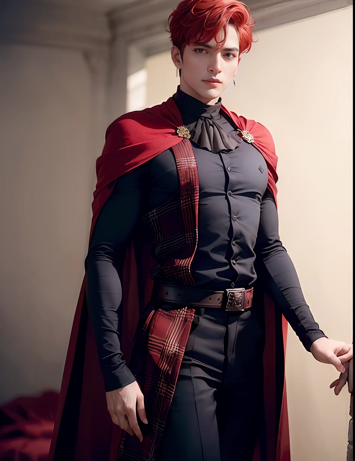 photo of Indian 30 y. o. man, red hair, grey eyes, black cape, fantasy background, beautiful, masterpiece, best quality,  sam yang, Pretty Boy