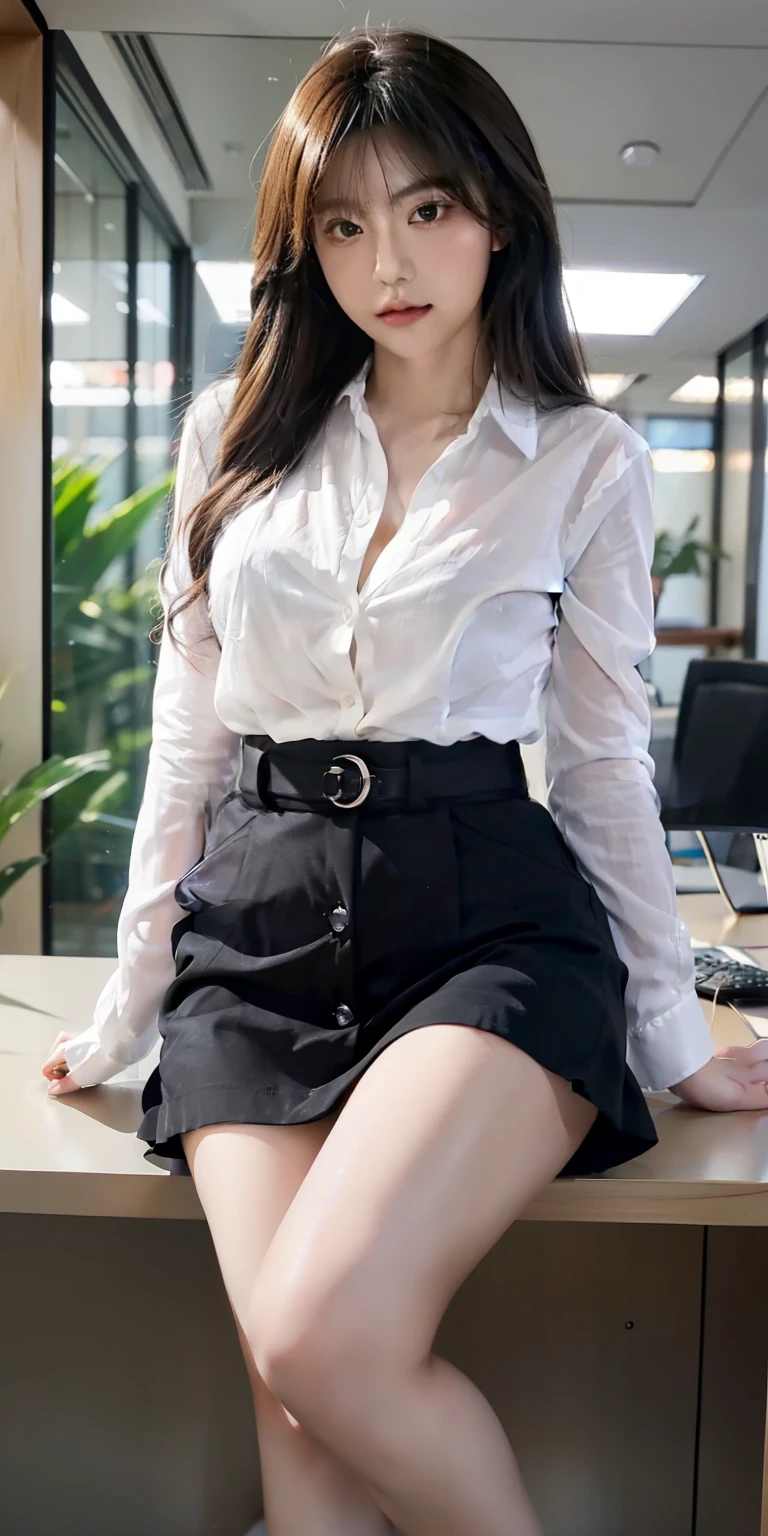 Japan woman in luxury office、fluffy hair、delicated face、with light glowing、Real Girl、Large aperture、Black professional short skirt、Tight short skirt、macro photography、Tight white button shirt、see through shirts、plump、a little fat、Very plump、A sexy、looking at you、good-looking eyes、(((open-shirt)))、