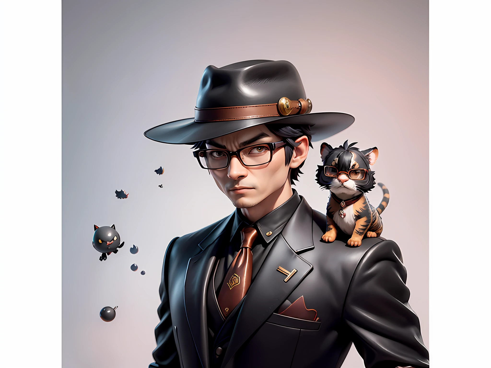 Young man with leather hat, tiger, dragon, oriental face in formal suit, short black hair, silver glasses, digital painting, 3D character design by Mark Clairedon and Pixar and Hayao Miyazaki and Akira Toriyama, the illustration is a high-definition illustration in 4K resolution with very detailed facial features and cartoon-style visuals.