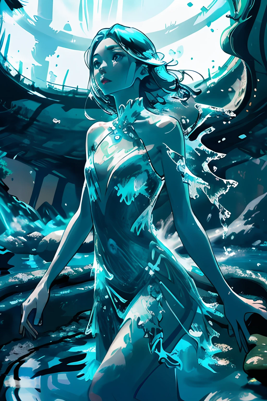 Beautiful girl , (girl by Fullwater:1), (liquid body, liquid, water, blue skin: 1), in waterfall, fantasy background, blue lighting, artistic, wearing teal strap dress made from water, (medium closeup),