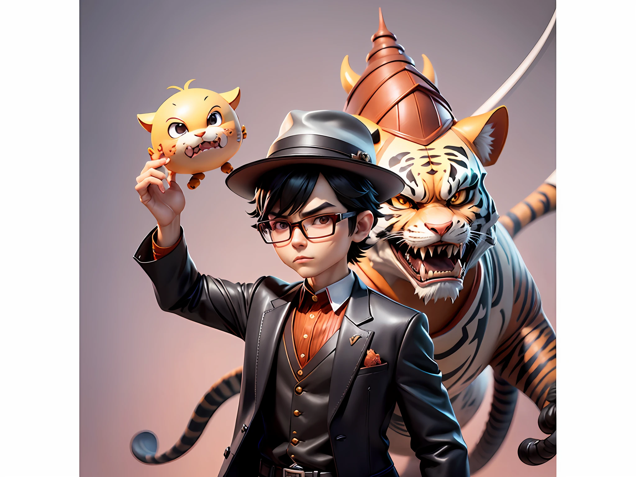 Young man with leather hat, tiger, dragon, oriental face in formal suit, short black hair, silver glasses, digital painting, 3D character design by Mark Clairedon and Pixar and Hayao Miyazaki and Akira Toriyama, the illustration is a high-definition illustration in 4K resolution with very detailed facial features and cartoon-style visuals.