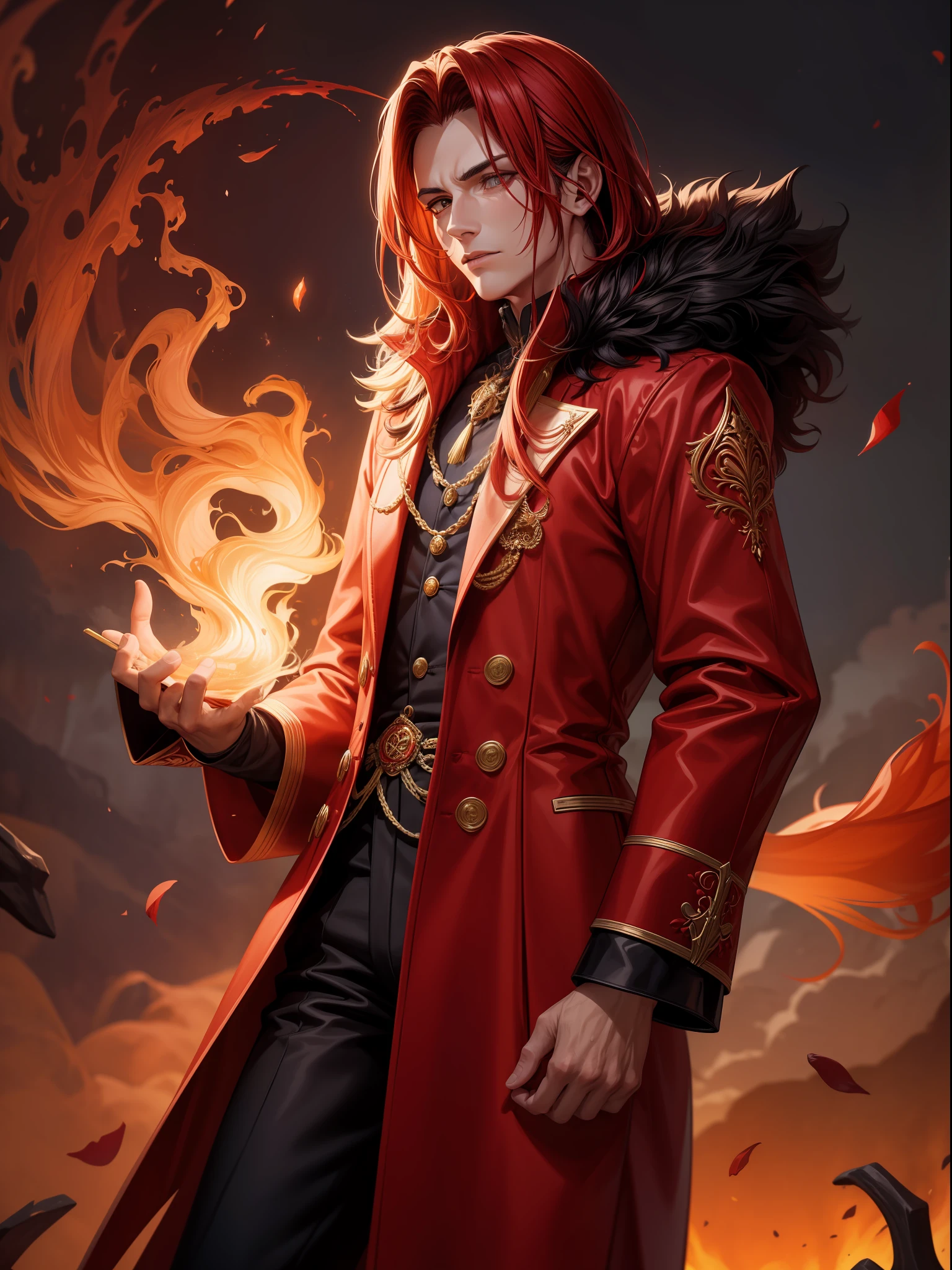 "Um homem incrivelmente bonito, com cavanhaque, cabelos curtos e espetados de um vibrante vermelho fogo, olhos laranja escuro penetrantes, wearing an elegant long red Victorian coat and period trousers in a dark shade of red."