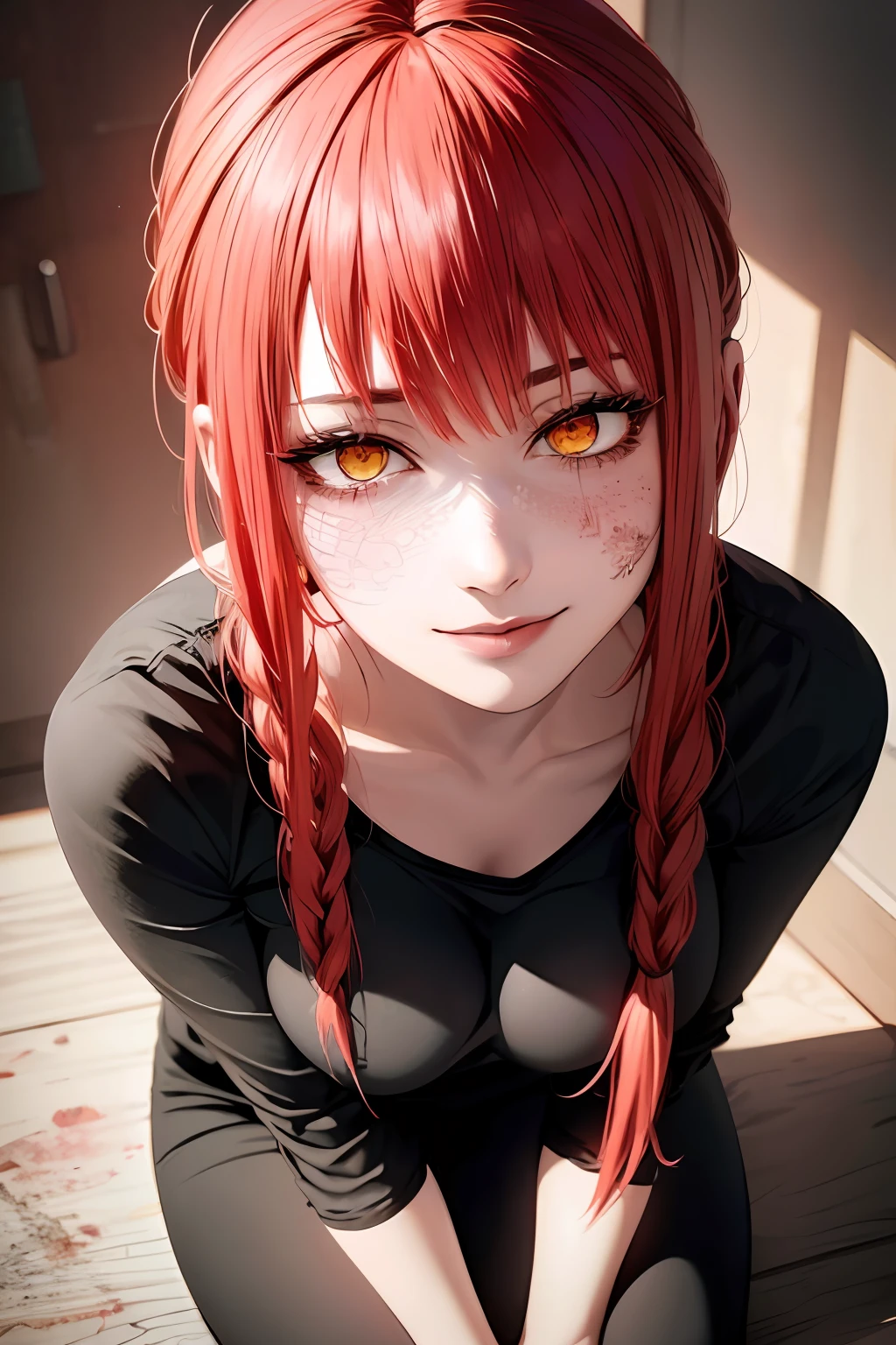 (view from full body) , sit on knees , tight clothes, red hair , fulldeatiled, smile , blood on face (shirt, tie, pants:0.5) (detailed realistic face), (((hyperdetailed))), zoomed out, symmetrical face, detailed pupil, expressive eyes, makeup, real photography, modern look, Real photography (Realisitc:1.5) , D cup size , scary background , badass ، halo above her head