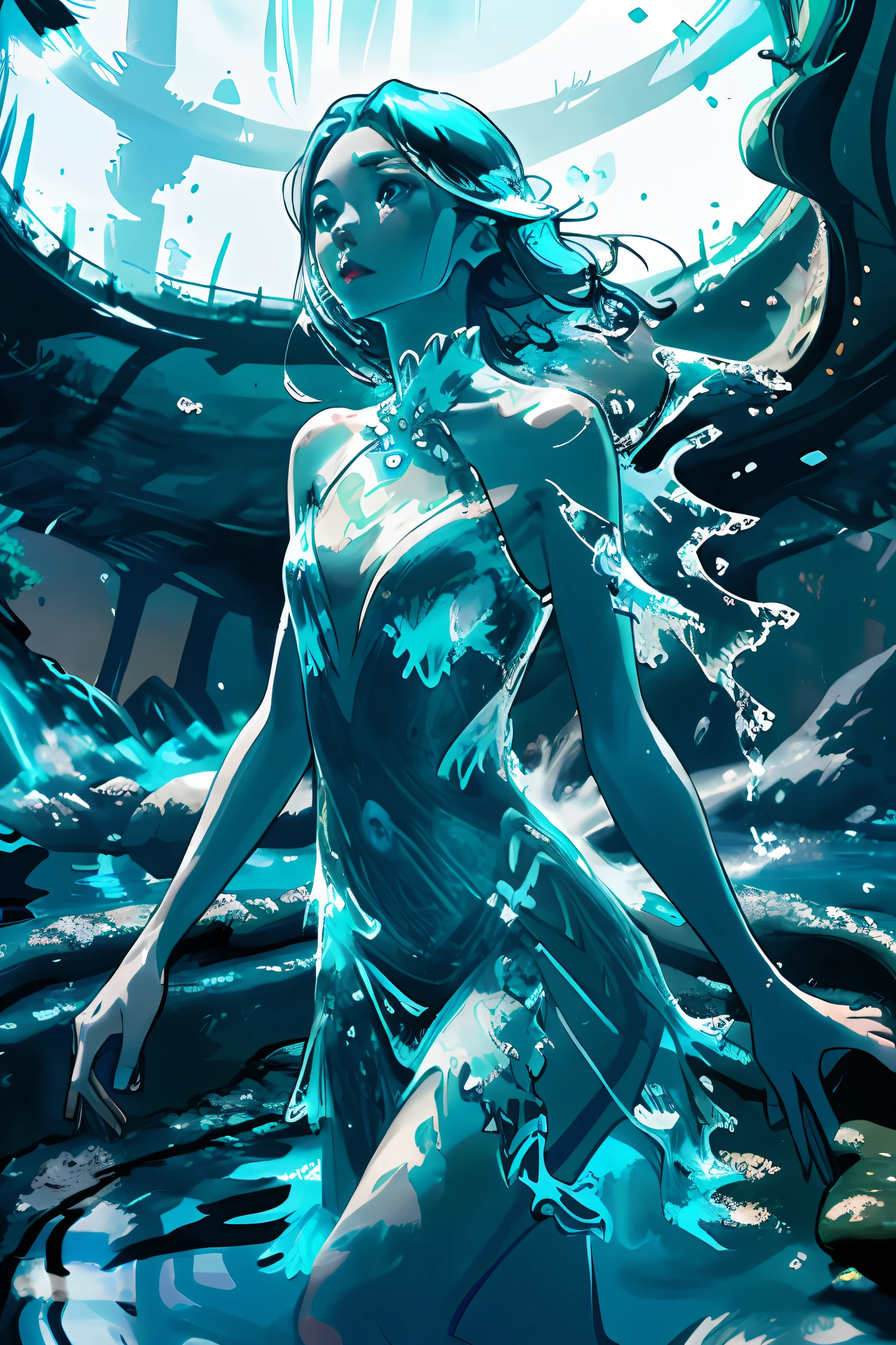 Beautiful girl , (girl by Fullwater:1), (liquid body, liquid, water, blue skin: 1), in waterfall, fantasy background, blue lighting, artistic, wearing teal strap dress made from water, (medium closeup),