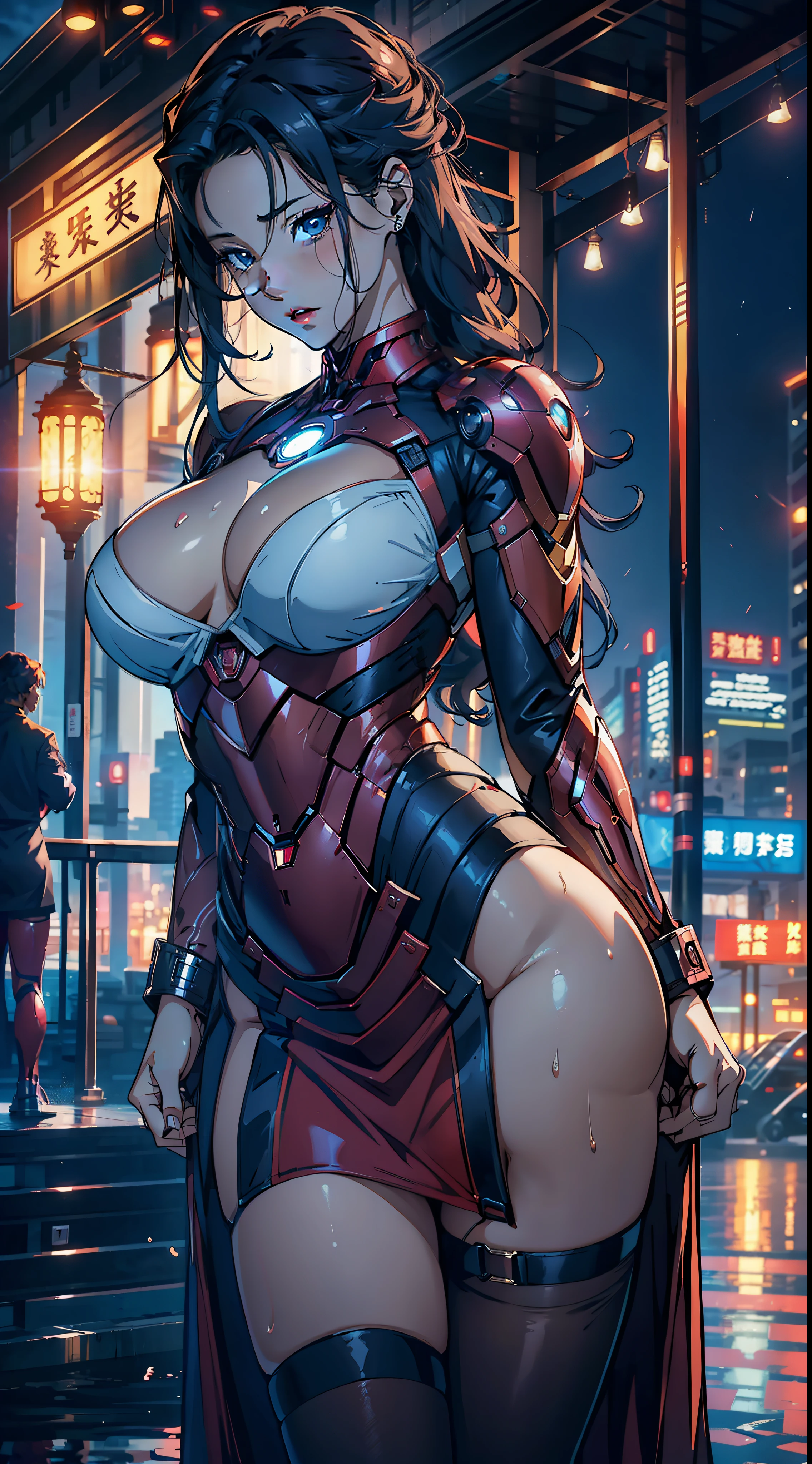 1female,aged 40,Huge breasts,Pornographic exposure, 独奏,(Background with:jetty), She has long flowing hair, standing on your feet,Sweat profusely,drenched all over the body,,blue color eyes,frontage,Blue straight hair, curlies,mostly cloudy sky,Iron Man uniform(((tmasterpiece),(Very detailed CG unity 8K wallpaper),best qualtiy,cinmatic lighting,detailed back ground,beatiful detailed eyes,Bright pupils,(Very fine and beautiful),(Beautiful and detailed eye description),ultra - detailed,tmasterpiece,)),facing at camera,A high resolution,ultra - detailed),熟妇,mature,revealing breasts,facing at camera,Flushed complexion,Orgasmic face,Pornographic exposure,Protruding underparts,Camel toes,with no underpants,legs are open,frontage,Beautiful sexy full body photo of Iron Man in miniskirt and sewn stockings,((独奏)),At the pier,high-heels,Craving sexual,