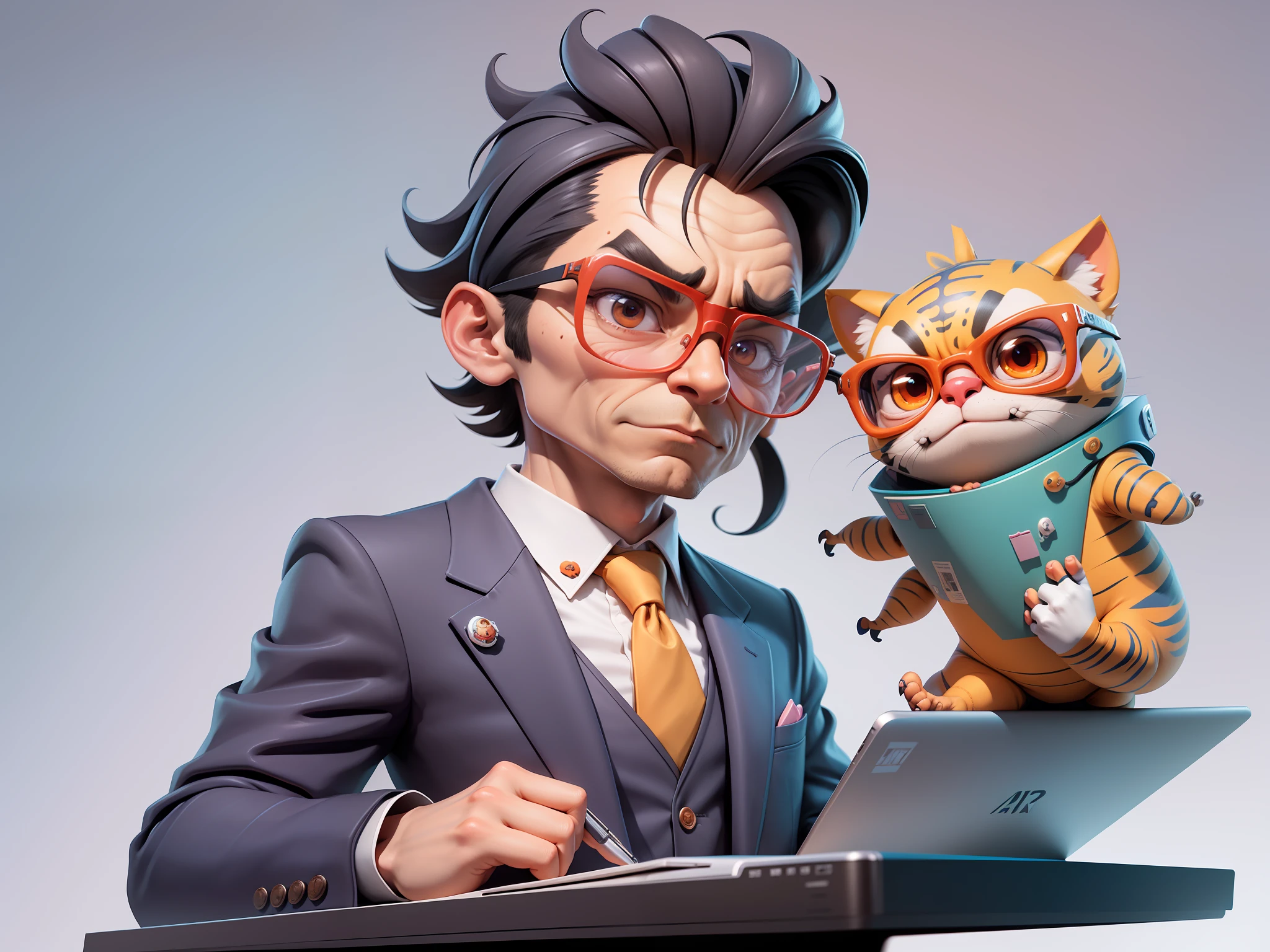 A young man in a suit, Short hair and glasses sat at his desk,holding laptop,digitial painting,tigre,3D character design by Mark Clairen and Pixar and Hayao Miyazaki and Akira Toriyama,4K HD illustration,Very detailed facial features and cartoon-style visuals。
