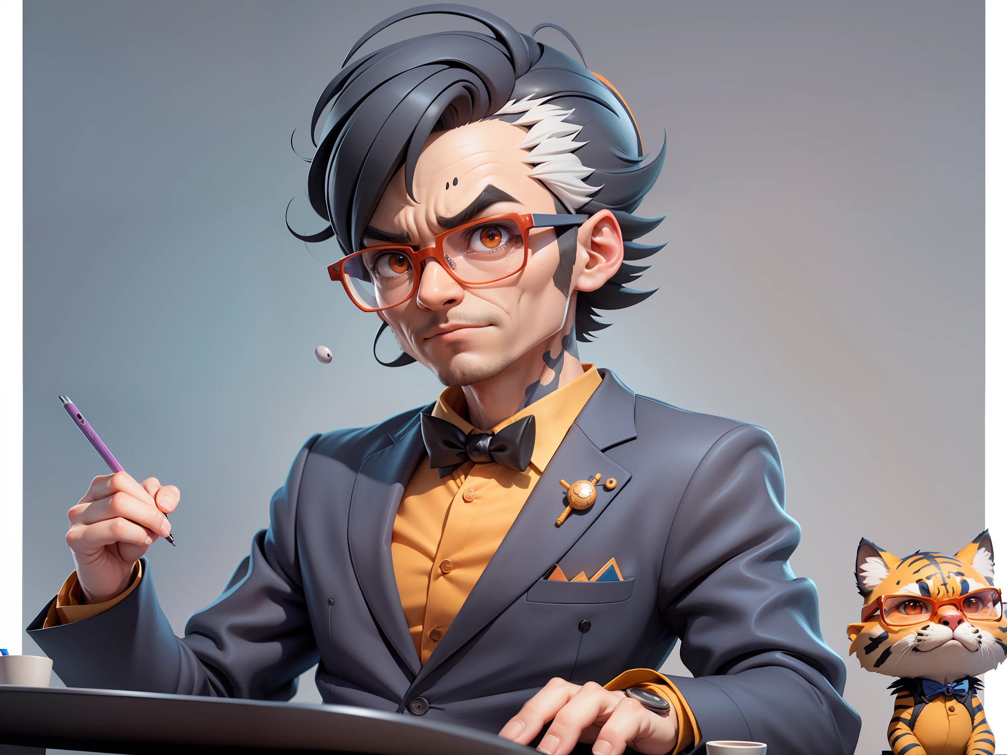 A young man in a suit, Short hair and glasses sat at his desk,holding laptop,digitial painting,tigre,3D character design by Mark Clairen and Pixar and Hayao Miyazaki and Akira Toriyama,4K HD illustration,Very detailed facial features and cartoon-style visuals。