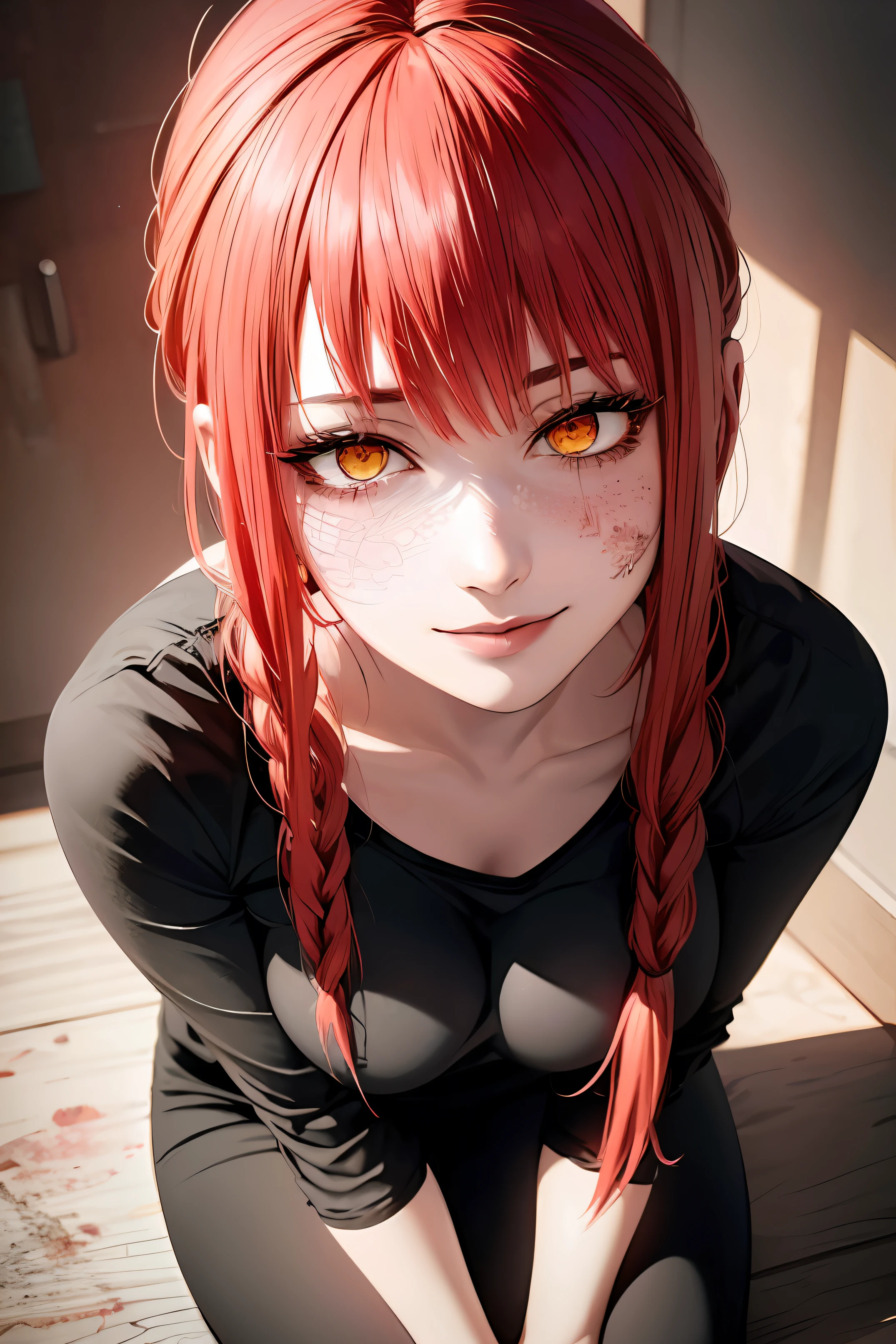 (view from full body) , sit on knees , tight clothes, red hair , fulldeatiled, smile , blood on face (shirt, tie, pants:0.5) (detailed realistic face), (((hyperdetailed))), zoomed out, symmetrical face, detailed pupil, expressive eyes, makeup, real photography, modern look, Real photography (Realisitc:1.5) , D cup size , scary background , badass ، halo above her head