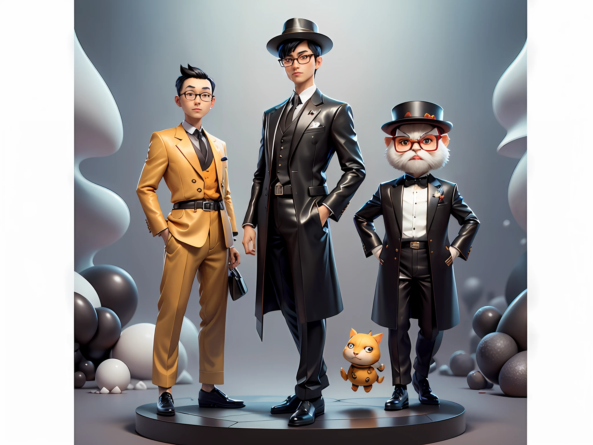 Young man with oriental face in leather hat, tiger, oriental face in formal suit, short black hair, silver glasses, digital painting, 3D character design by Mark Clairedon and Pixar and Hayao Miyazaki and Akira Toriyama, the illustration is a high-definition illustration in 4K resolution with very detailed facial features and cartoon-style visuals.