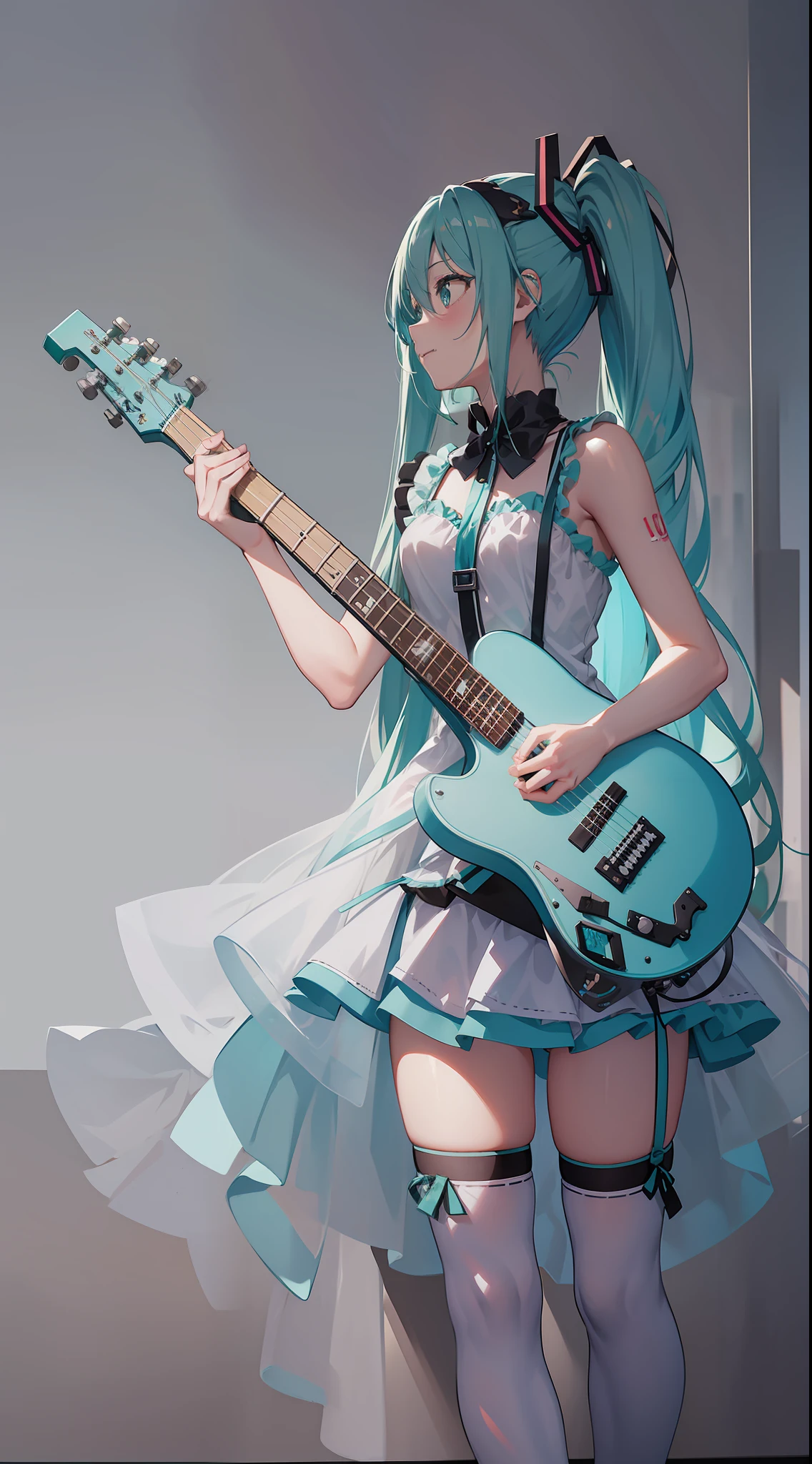 Hatsune miku, acoustic guitar, playing guitar, fundo branco, baseado na imagem, anime, sorrindo, 2D, roupa original, ray tracing, Sombra realista, Lighting from the front, olhando para o espectador, dedos pequenos.