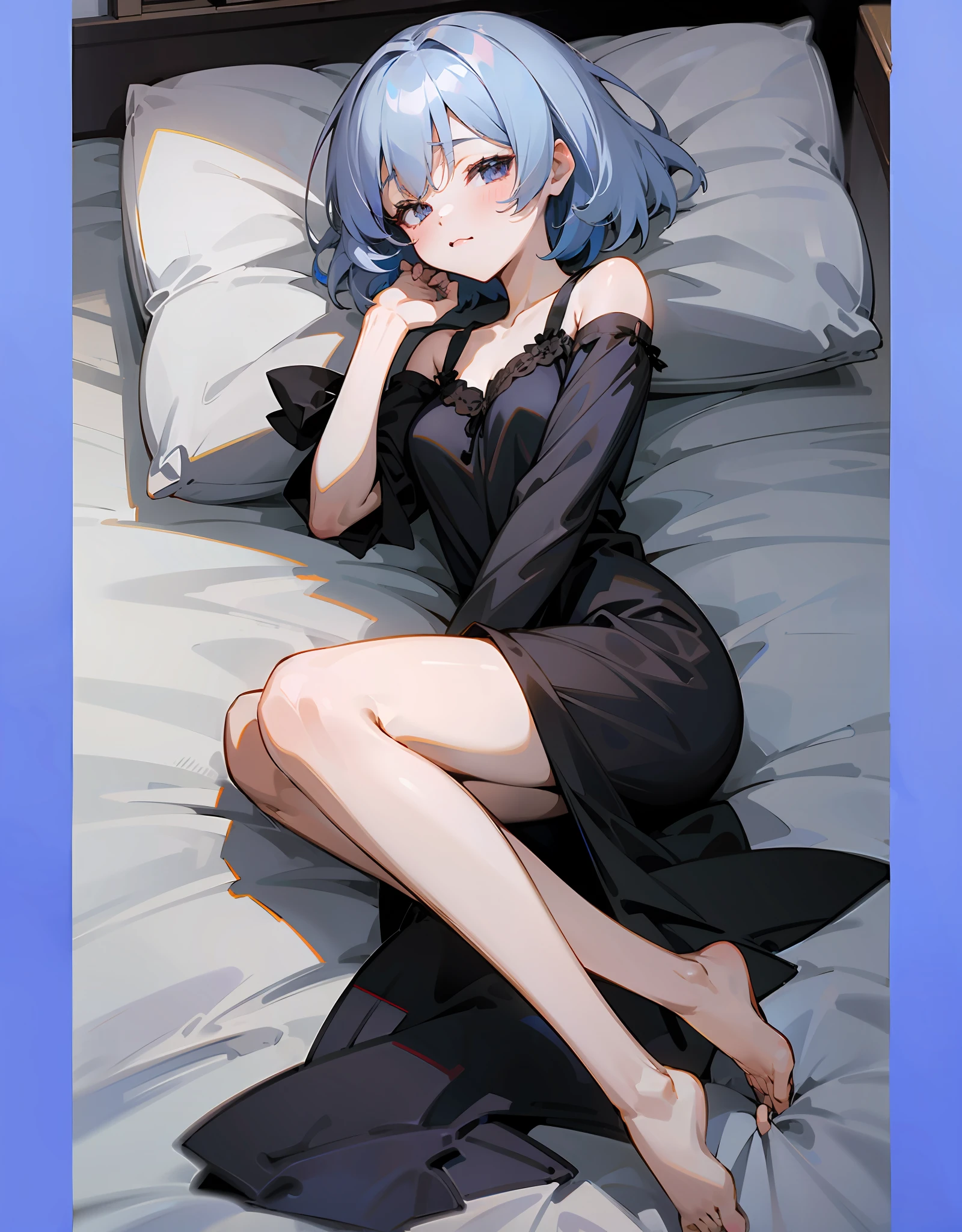 anime girl with gray hair. wearing a pink pyjama. anime moe artstyle, full body ,seductive anime girl, laying at bed, looking at viewer cute, anime, view from above her, 8 k, , (anime girl), zerochan art, 1girl, h, high res, ultrasharp, 8k, masterpiece, perfect body, perfect face, cute face, raising hands to viewer, laying straight on bed.