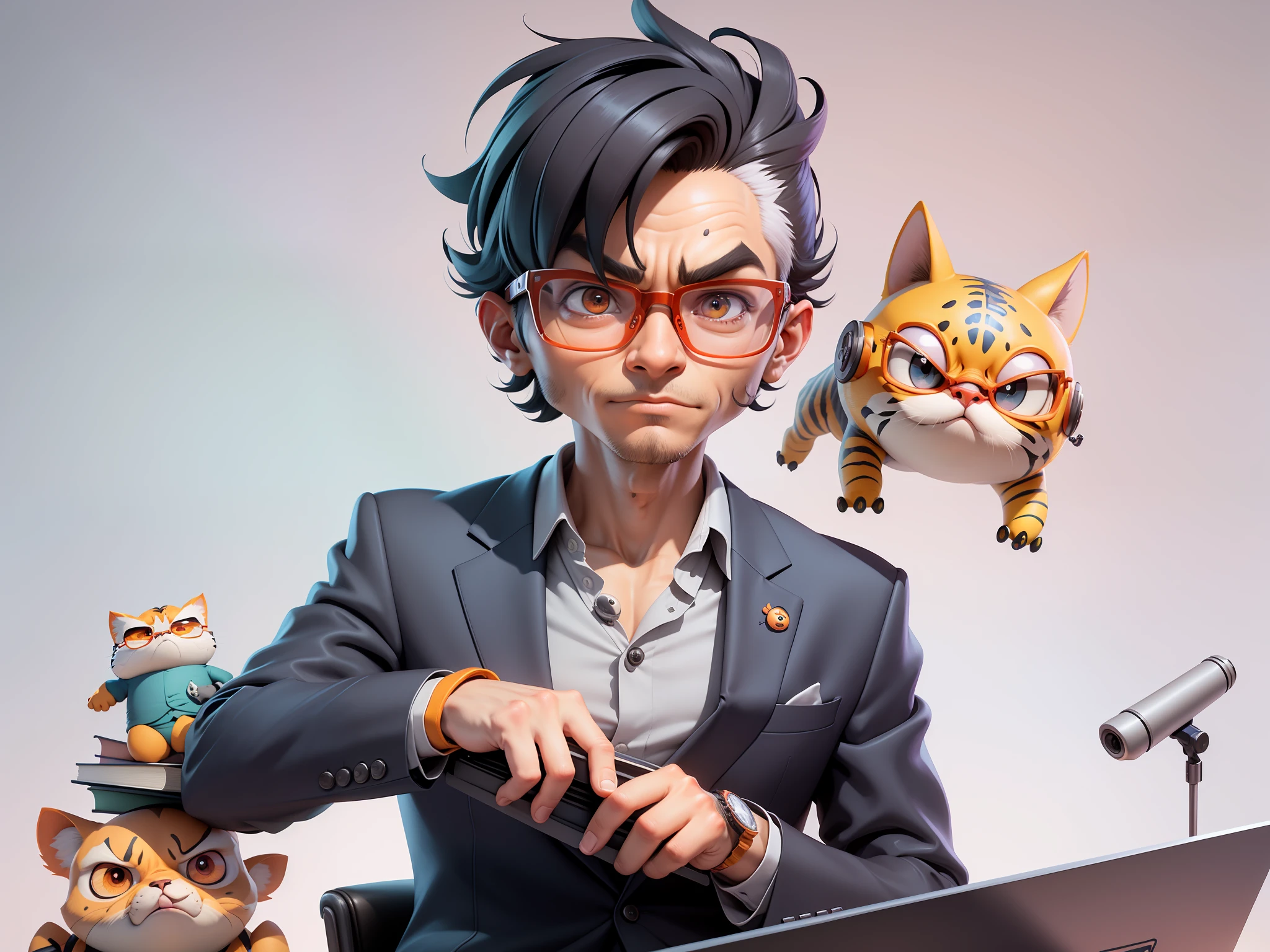 A young man in a suit, Short hair and glasses sat at his desk，holding laptop，digitial painting，tigre，3D character design by Mark Clairen and Pixar and Hayao Miyazaki and Akira Toriyama，4K HD illustration，Very detailed facial features and cartoon-style visuals。