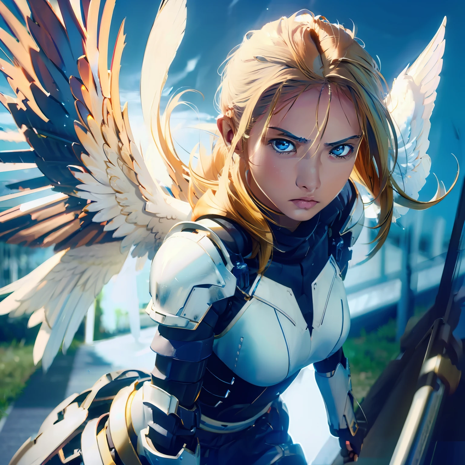 (highres, best quality, masterpiece), depth of field, adult female, solo, bold colors 4K, dramatic lighting, action scene, blonde hair, hair parted, hair between eyes, blue eyes, (detailed eyed), looking fierce, serious expression, angry expression, looking out into the distance, looking away, smooth skin, fully body, physically fit body, mechanical armor, (high-tec armor), angelic wings, white wings, hovering in the air, gliding in the air, making a fist, looking to strike, closed_mouth, crouching down, shooting a beam of light from her hand, firing a blast of blue light from her palm, a beam of pure energy