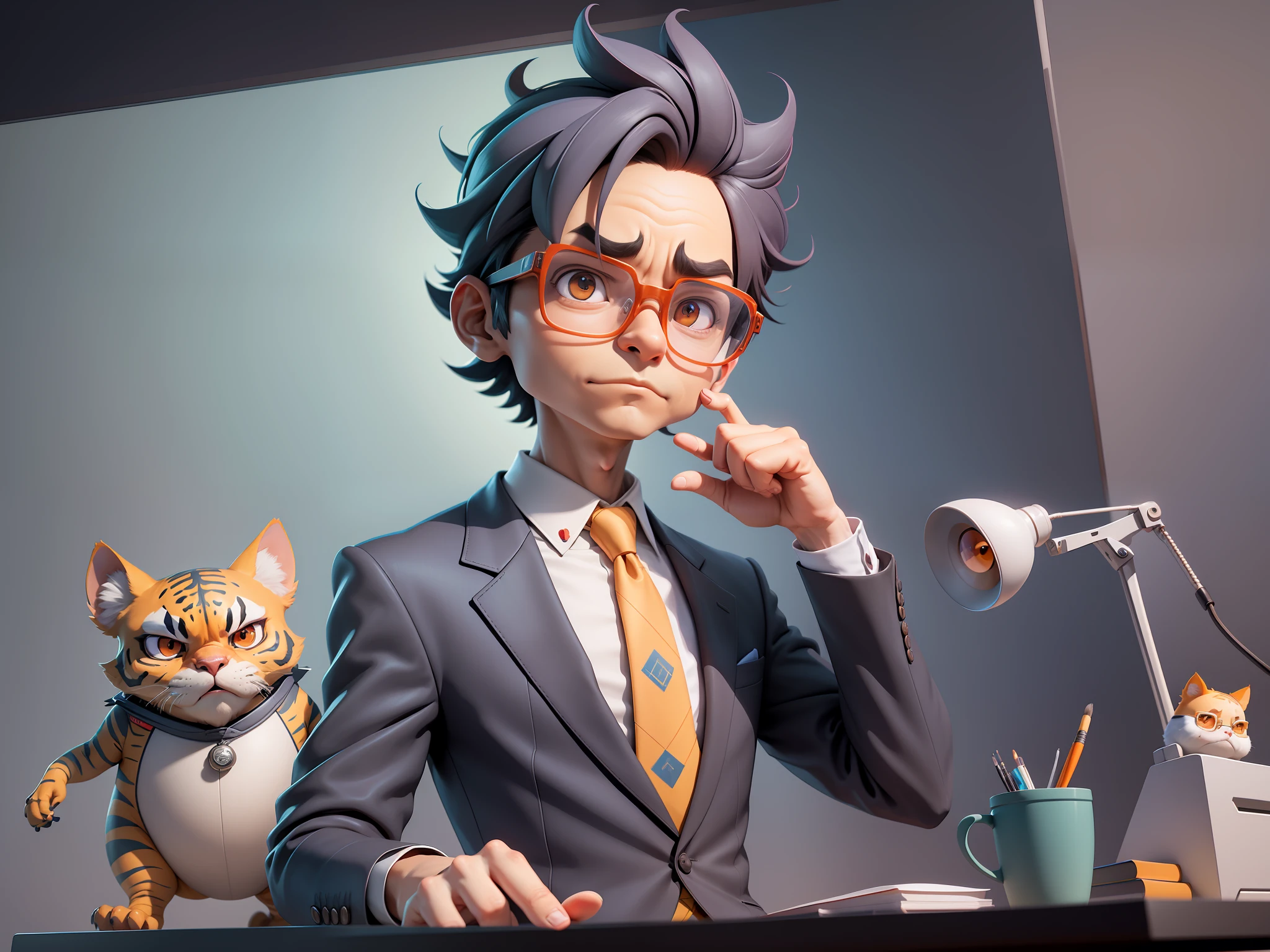 A young man in a suit, Short hair and glasses sat at his desk，holding laptop，digitial painting，tigre，3D character design by Mark Clairen and Pixar and Hayao Miyazaki and Akira Toriyama，4K HD illustration，Very detailed facial features and cartoon-style visuals。