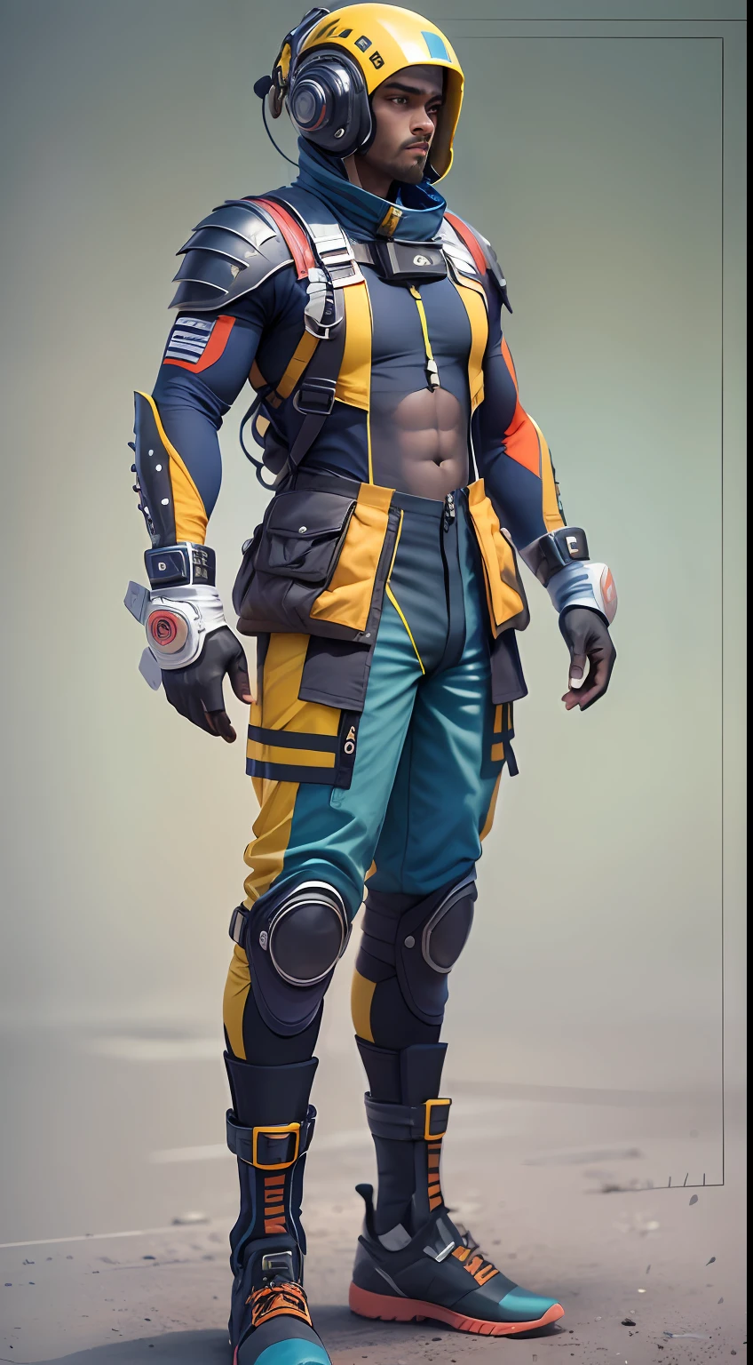 Modern Warrior outfit and the street style concept for modeling Pants with many pockets and straps and zippers in a scifi modern field. Linen&cotten material. With pockets. Many details. blue and yellow and red and green and black and Pink and grayand sayan, white, purple and orange color.Suitable for concept and anime design and game assete,Suitable for men and women,cosmic, fantastic, unique,futuristicوLinen and plastic and leather and yarn and polyester material --style Fantasy --size 9:16** - web_1rbg531 (Fast)