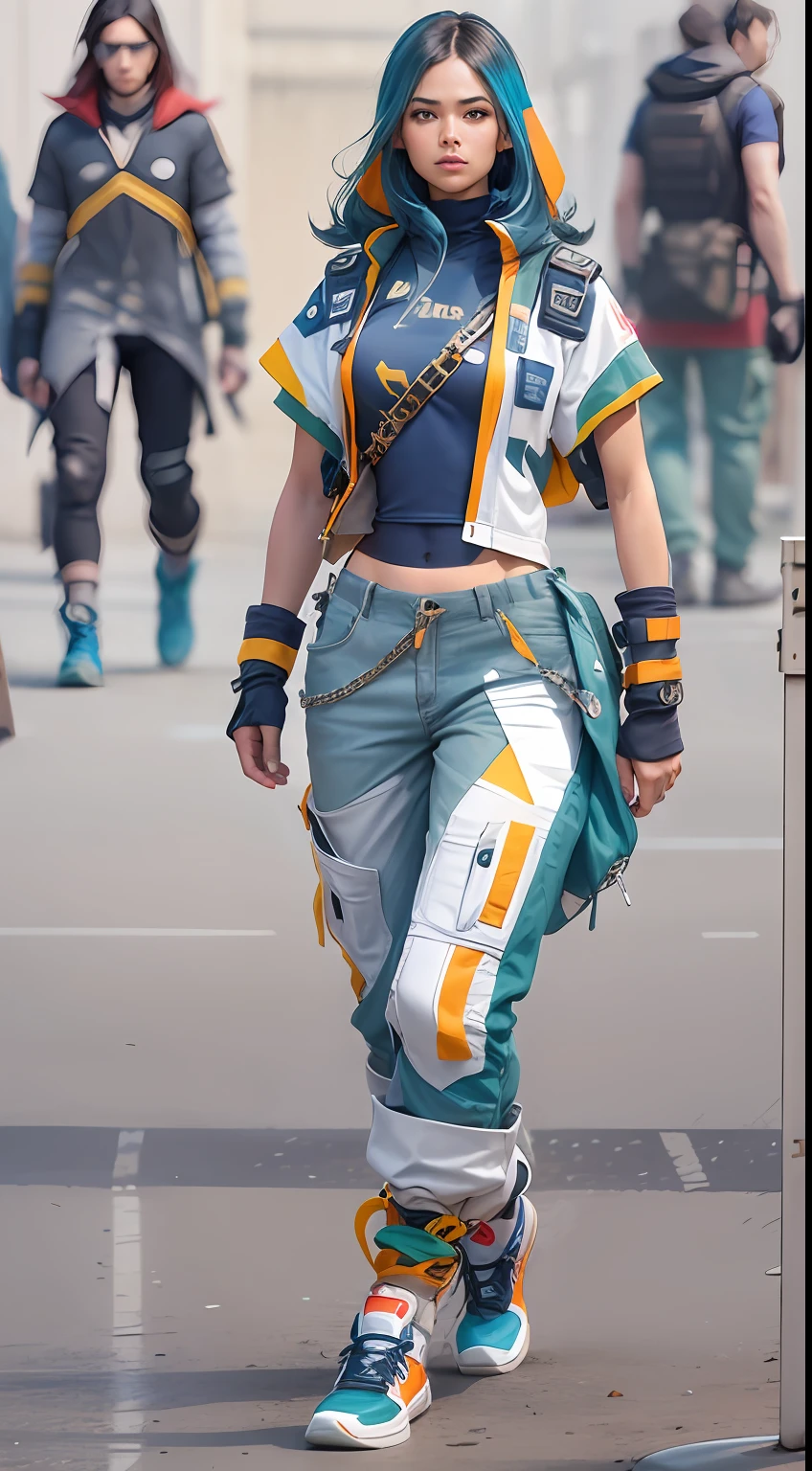 Modern Warrior outfit and the street style concept for modeling Pants with many pockets and straps and zippers in a scifi modern field. Linen&cotten material. With pockets. Many details. blue and yellow and red and green and black and Pink and grayand sayan, white, purple and orange color.Suitable for concept and anime design and game assete,Suitable for men and women,cosmic, fantastic, unique,futuristicوLinen and plastic and leather and yarn and polyester material --style Fantasy --size 9:16** - web_1rbg531 (Fast)
