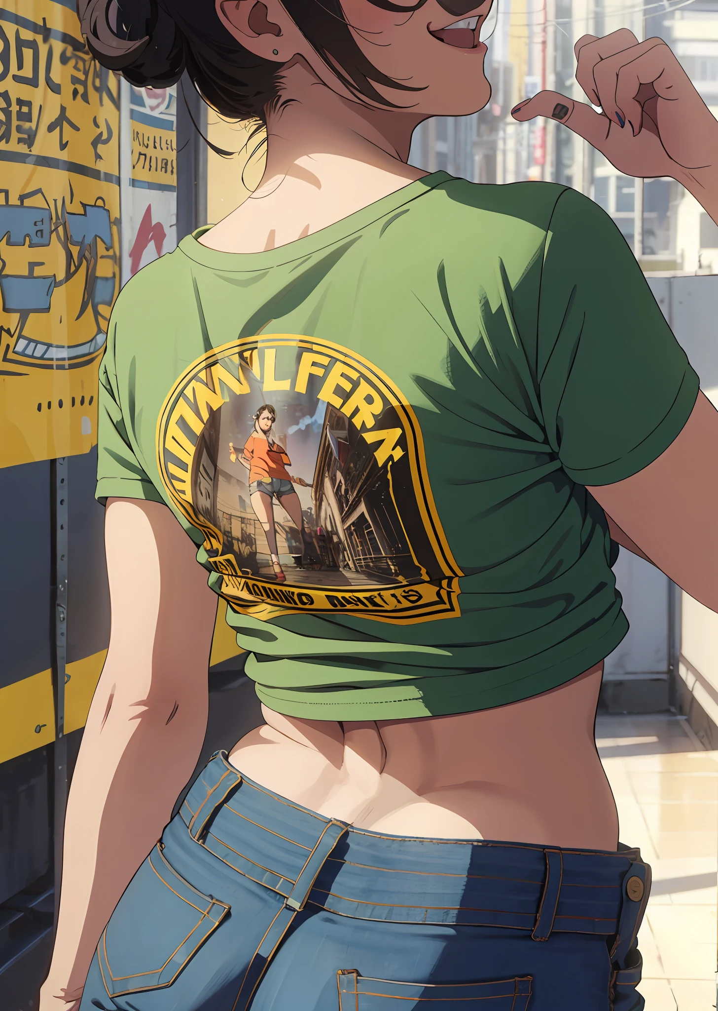 Linda garota ruiva, Usando micro short jeans, Usando uma camiseta que mostre a barriga, on his back and looking back, Dando um Sorriso largo, Hiper realista, Cores Fortes e vibrantes --auto --s2