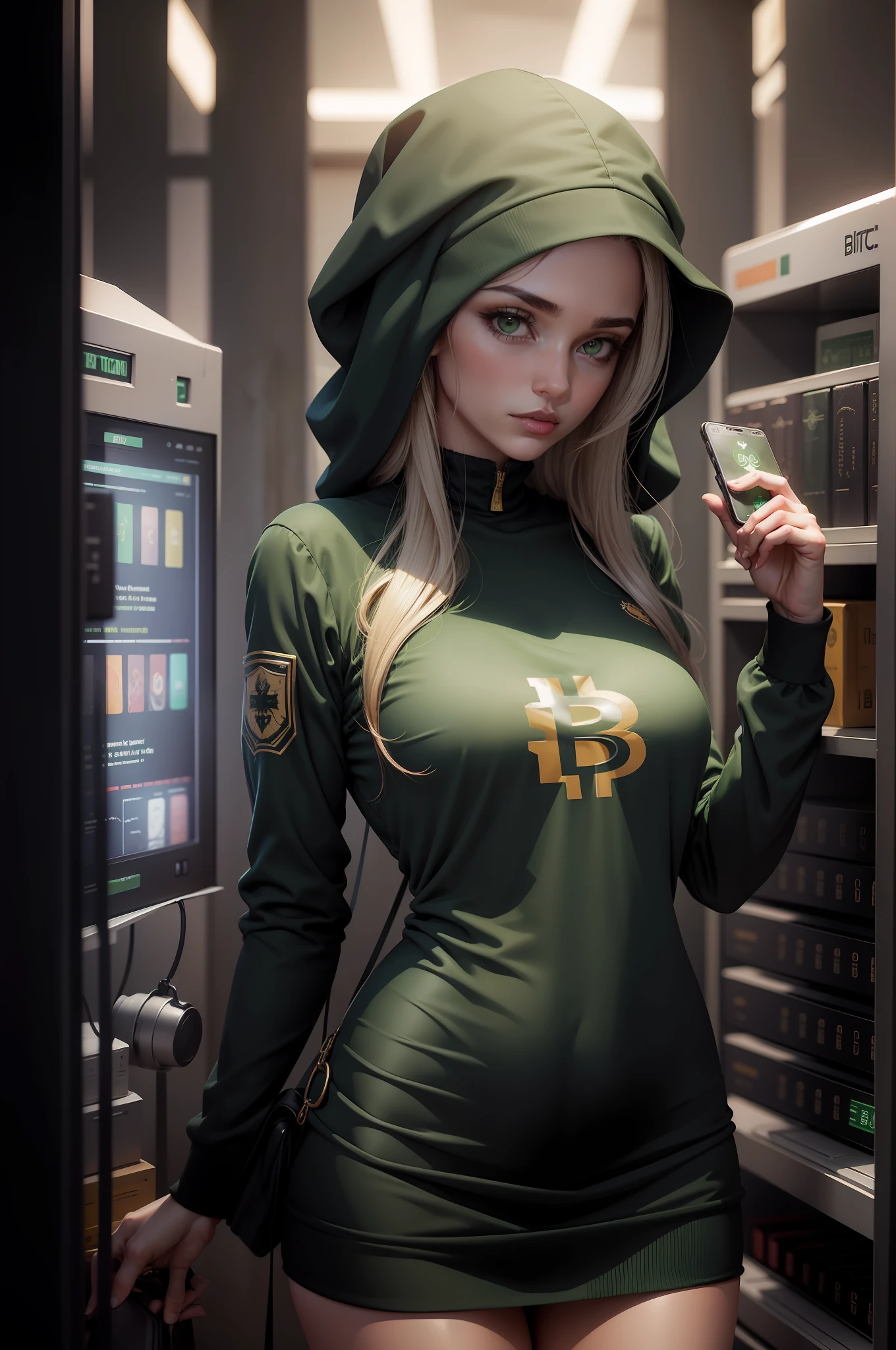 Um emblema douroda do bitcoin estampado em seu vestido verde