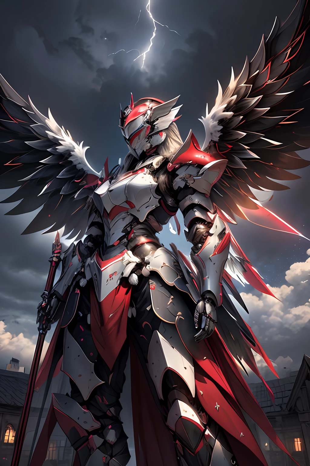 Masterpiece, highly detailed CG unified 8K wallpapers, 8K UHD, DSLR, High quality, propre, ((A black angel in mechanical armor with wings, Aura divine, flottant dans les airs, Descendant du ciel)), pluvieux, Nuit noire, lightening, dramatic scene, lighting cinematic, ultra-high-resolution, Ultra-high detailed, high-definition,