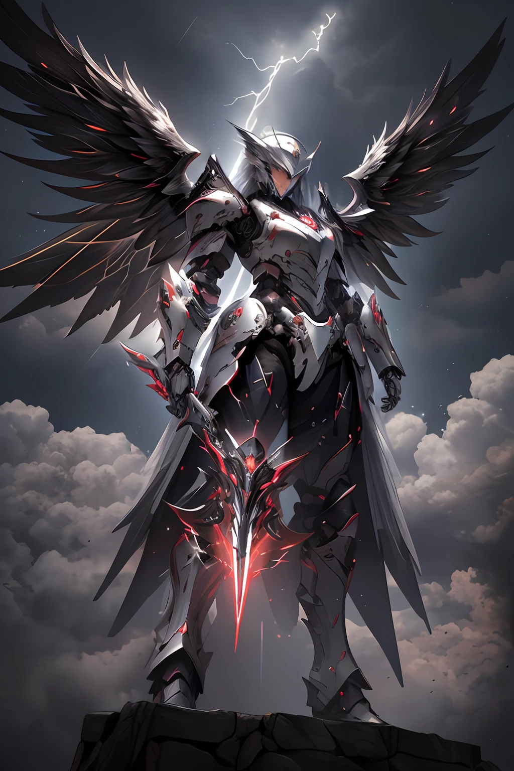 Masterpiece, highly detailed CG unified 8K wallpapers, 8K UHD, DSLR, High quality, propre, ((A black angel in mechanical armor with wings, Aura divine, flottant dans les airs, Descendant du ciel)), pluvieux, Nuit noire, lightening, dramatic scene, lighting cinematic, ultra-high-resolution, Ultra-high detailed, high-definition,